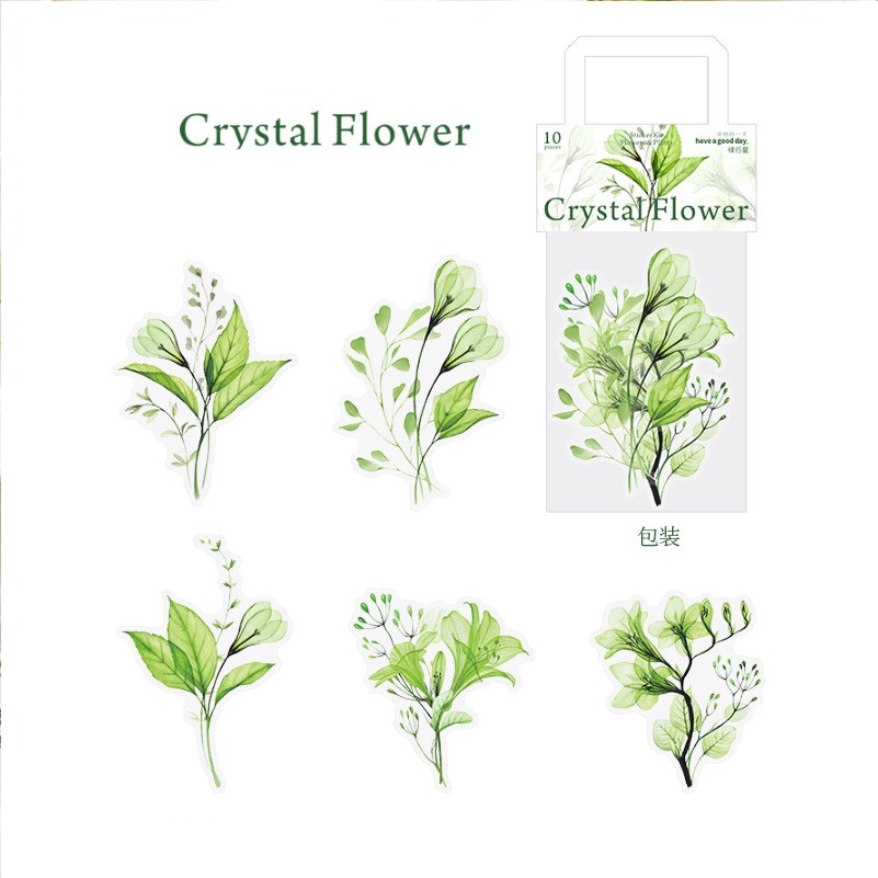 10 Parça Scrapbooking Green Floral Pet Cyristal Sticker