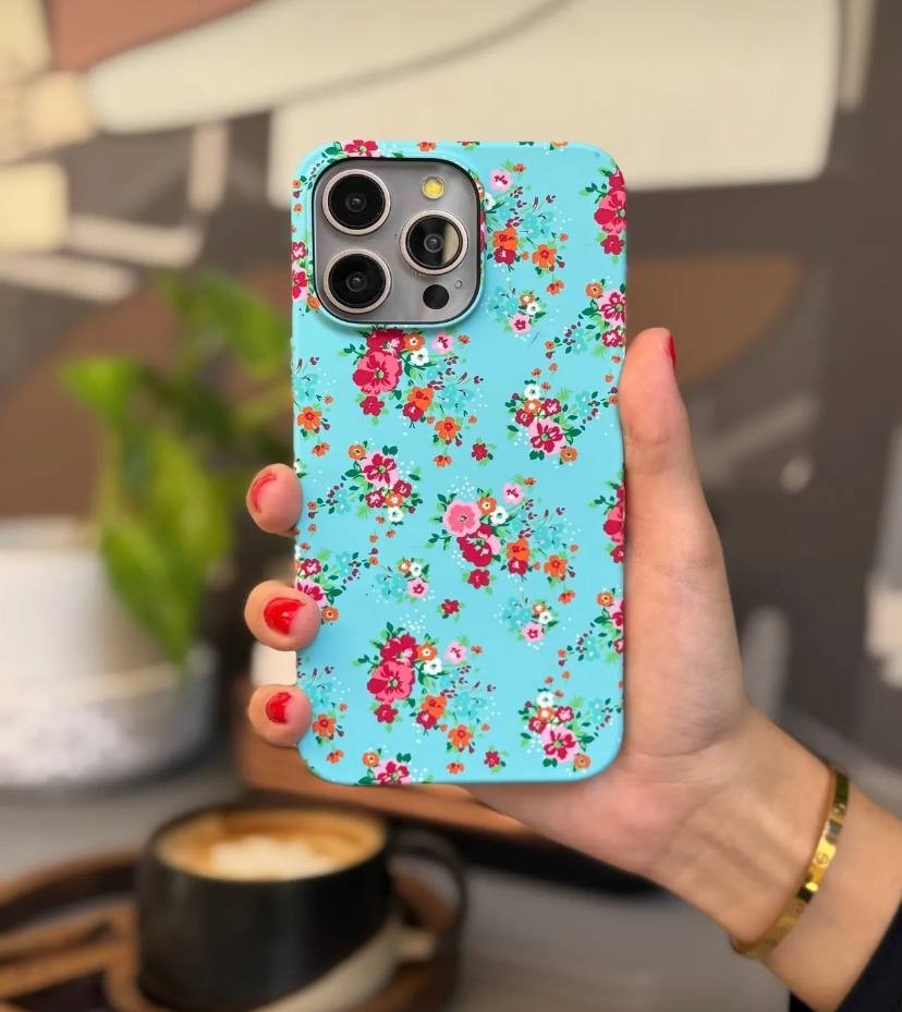 Fiber Carbon Mavi Çiçekli Telefon Kılıfı