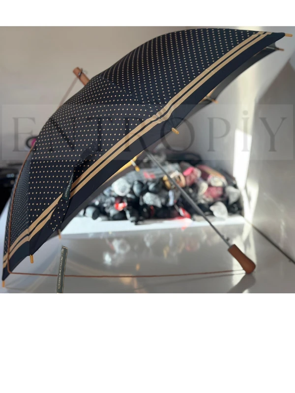 April Snotline Kadın Yağmur Şemsiyesi – Omuz Askılı, Ahşap Saplı, Fiber Çelik Gövdeli, Su Geçirmez Kumaş, Rüzgar Dayanıklı, Otomatik Açma Mekanizması, Şık Desen Seçenekleri - SİYAH SARI NOKTA DESEN APRIL SNOTLINE