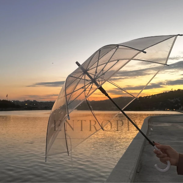 Entropiy Şeffaf Uzun Yağmur Şemsiyesi, Poliester Kumaş, Hafif ve Pratik Tasarım 