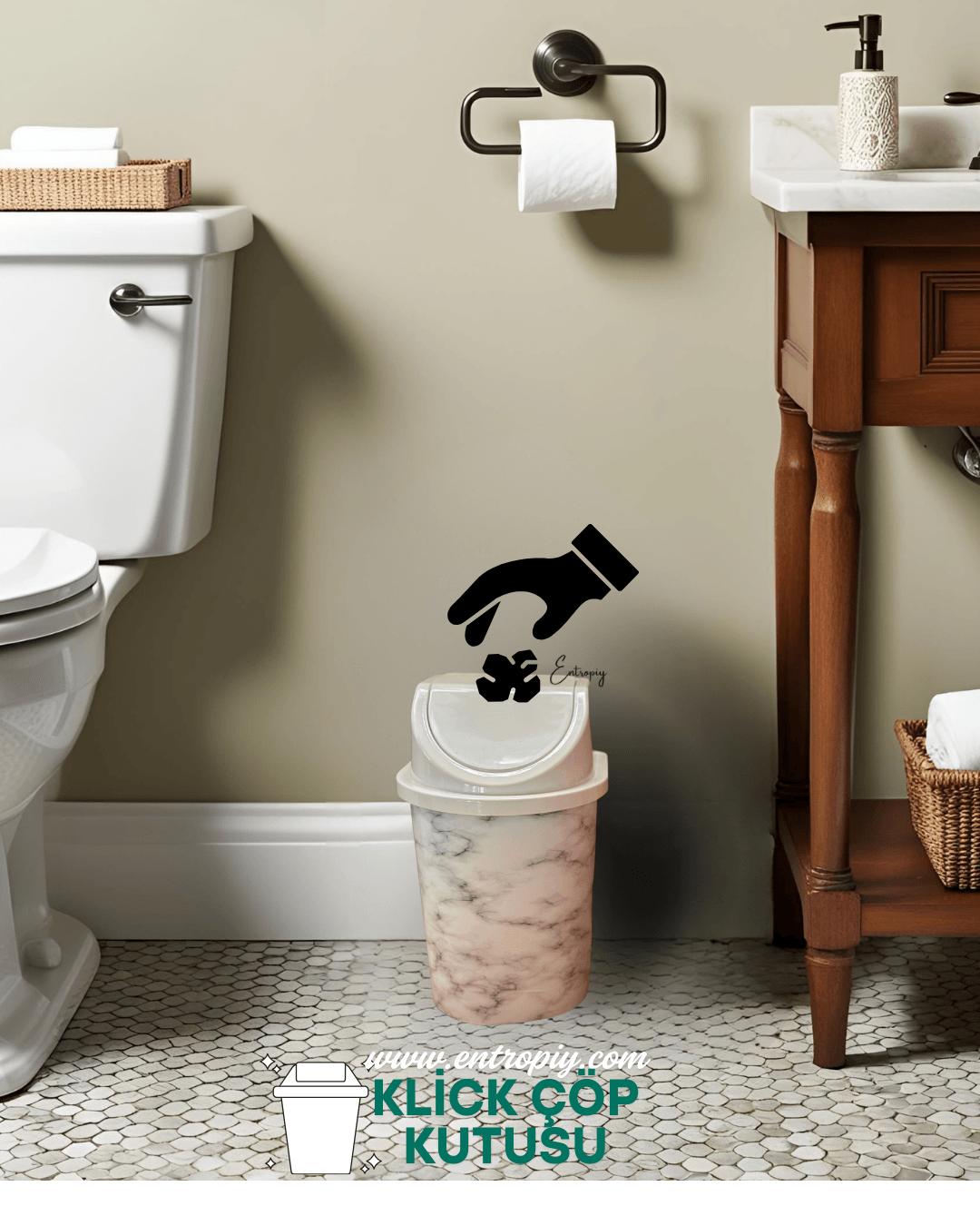 1 ADET - Entropiy  Klick- Plastik Çöp Kovası - Siyah ve Beyaz Granit Mermer Desenli Dekoratif - Mutfak ve Banyo Ofis Ev Ürünü