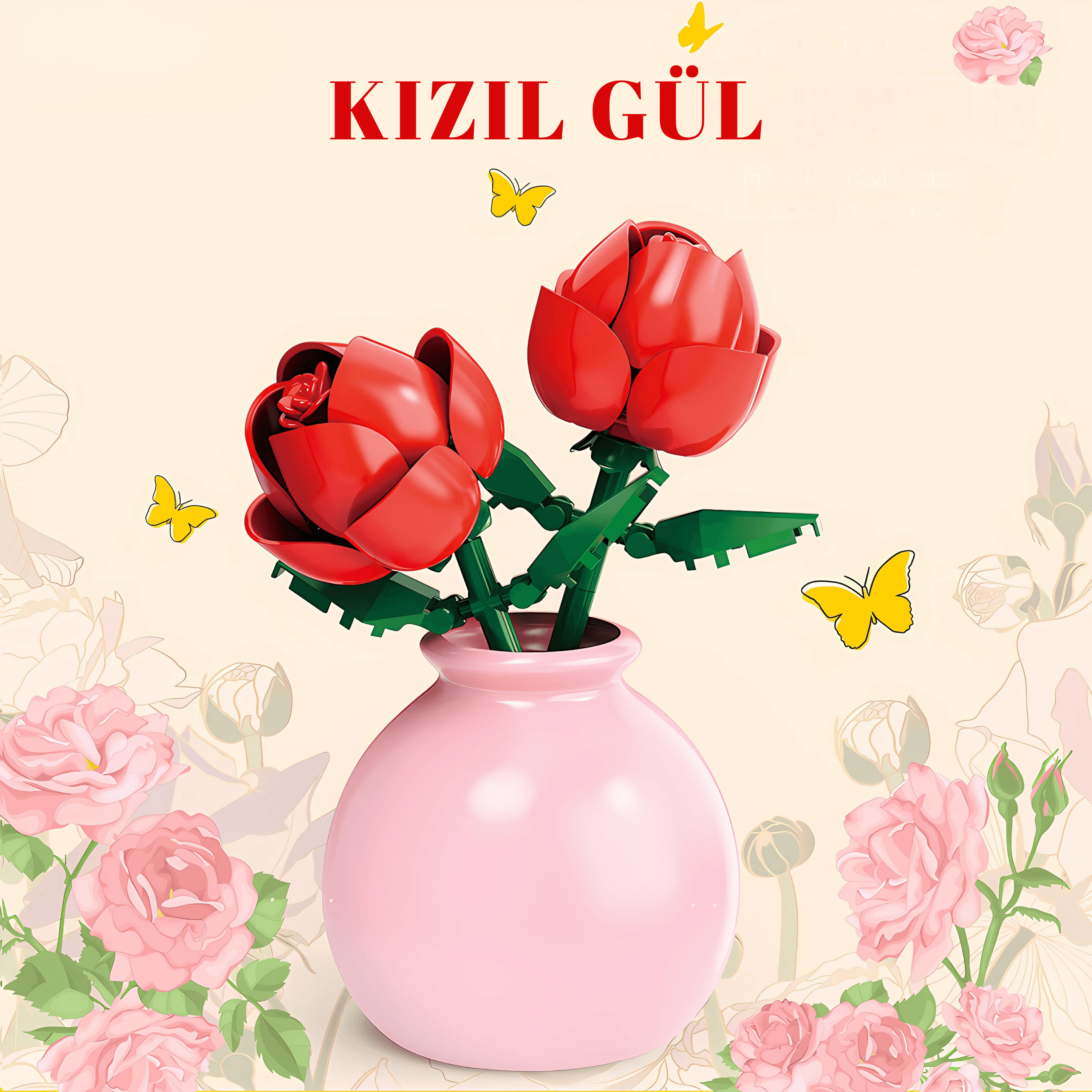 Kızıl Gül Çiçeği Vazolu - Çiçek Model Yapım Seti | Hediyelik & Dekoratif Ürün