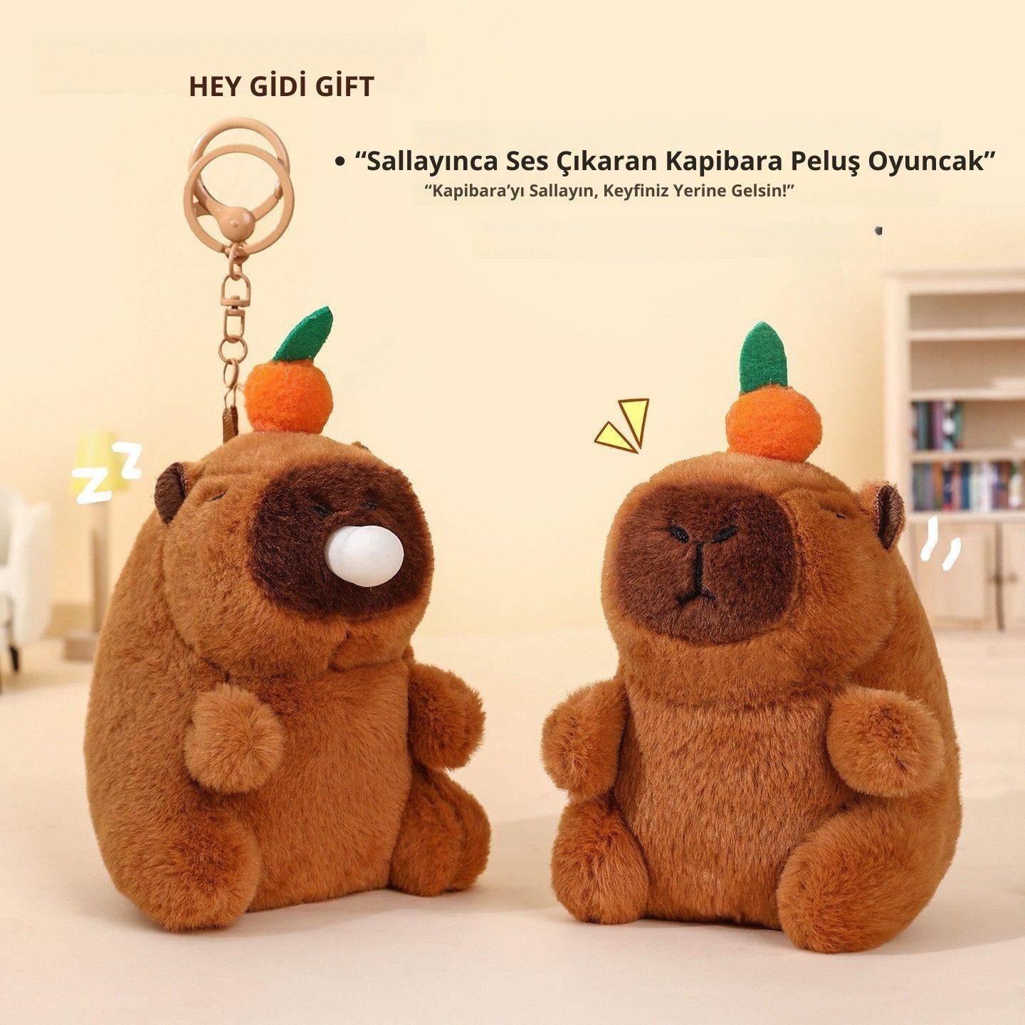Salladıkça Ses Çıkartan Sevimli Kapibara Peluş / İçi Yumuşak / Peluş Anahtarlık / Yüksek Kalite