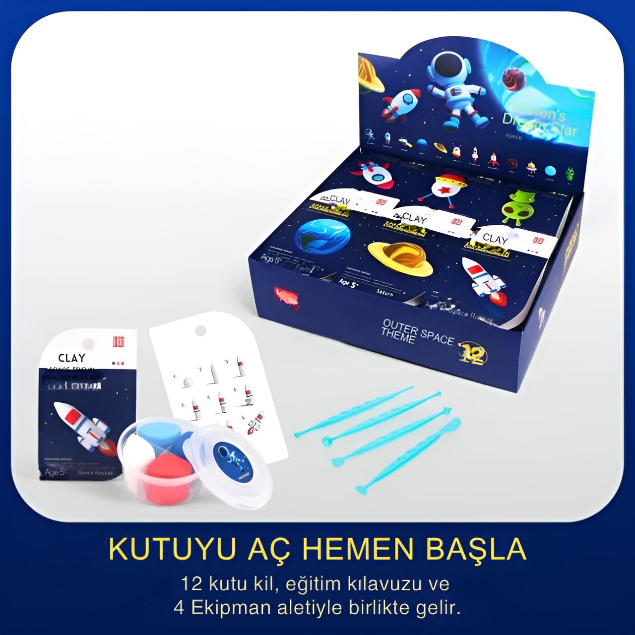 12'li Oyun Hamuru Uzay Seti – Astronot & Roket Figür Yapım Kiti | Eğitici ve Kurutulabilir Hamur