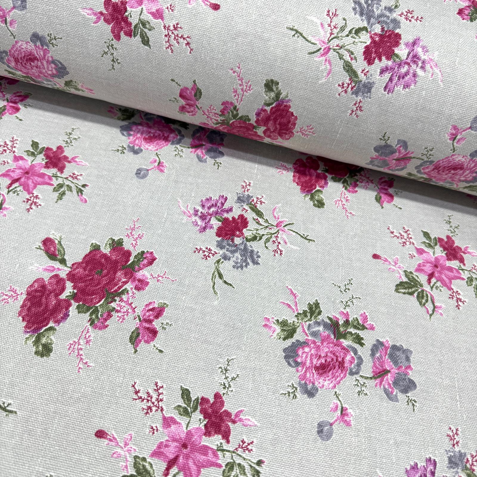 Keten Efektli Güller Fuşya Panama Keteni