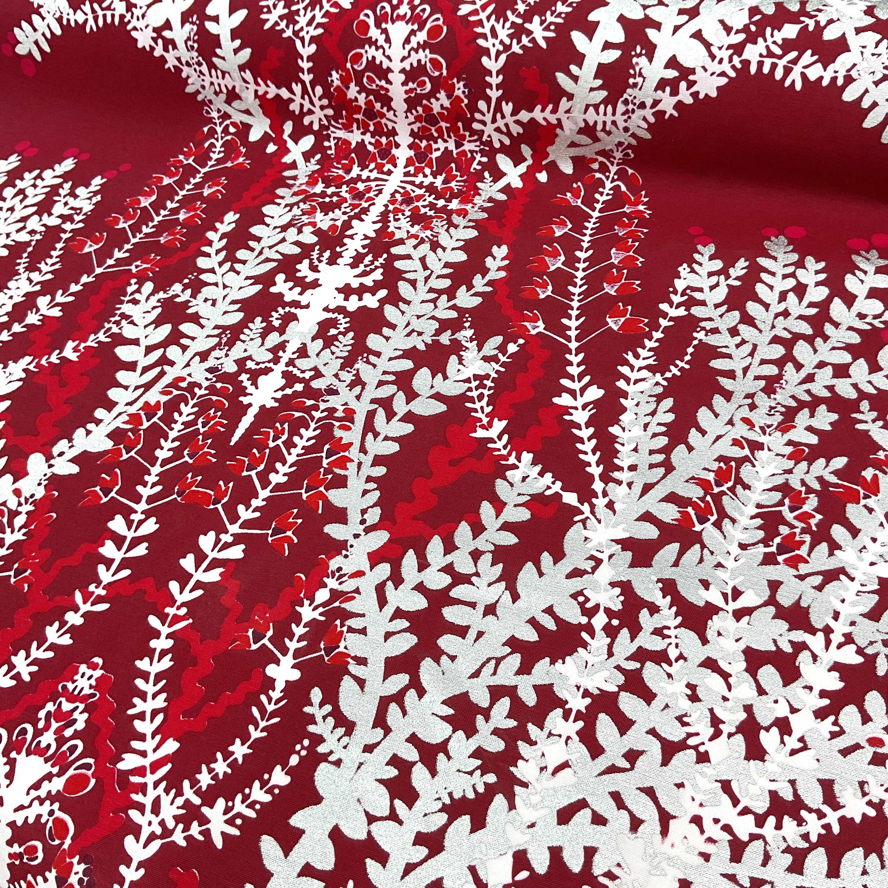 Kırmızı Simli Ağaç Pamuk Keten Kumaş