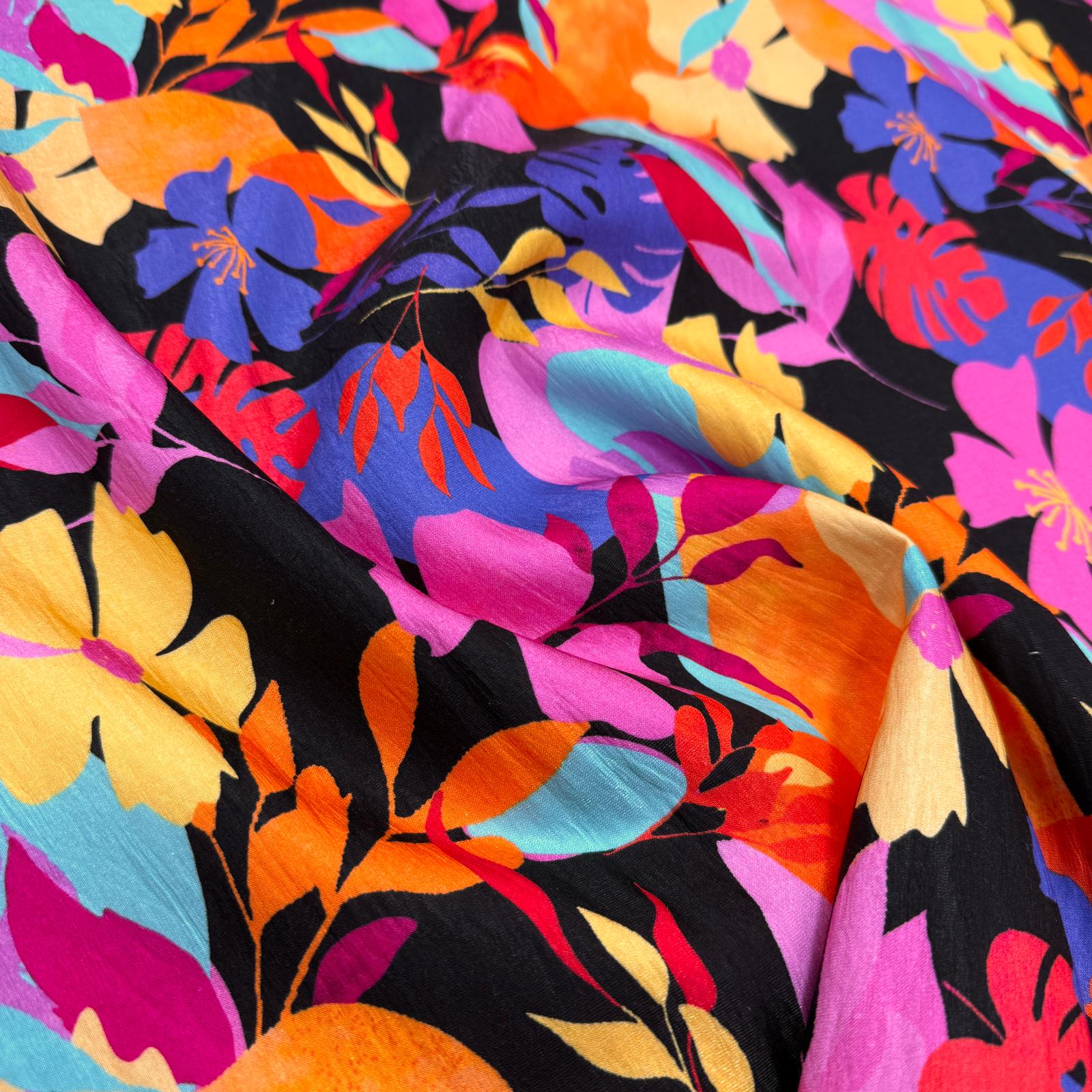 Renkli Çiçekler Parıltılı Viskon Kumaş