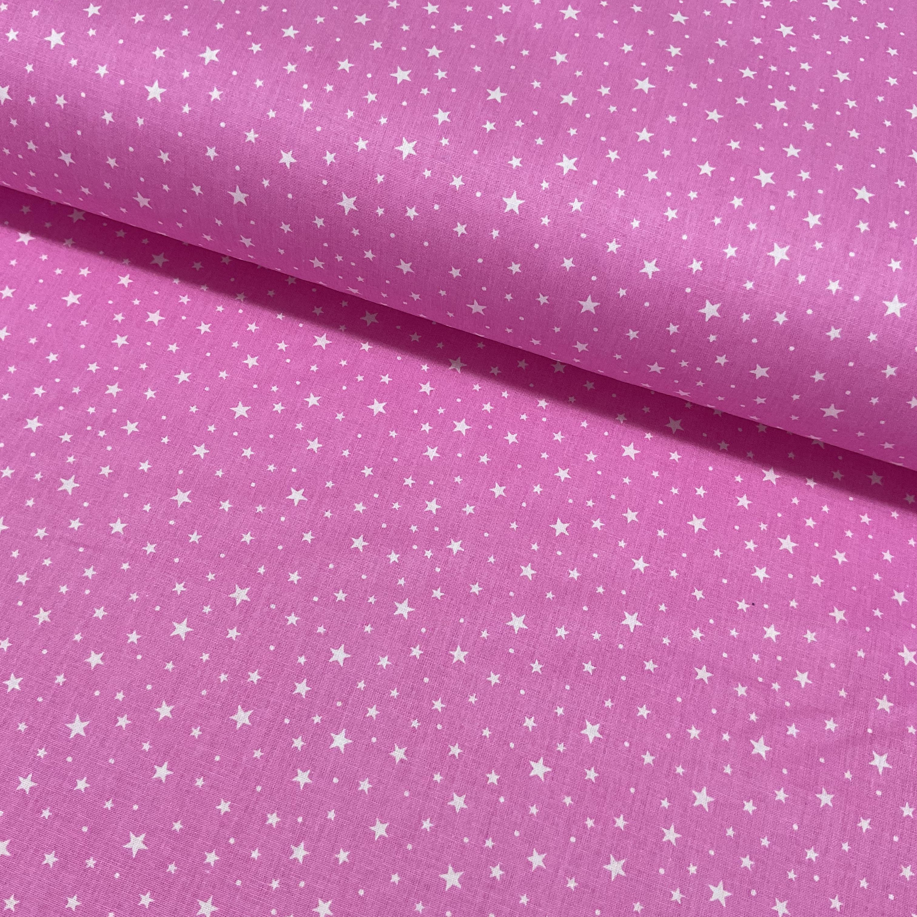 Pembe Beyaz Yıldızlar Poplin Kumaş