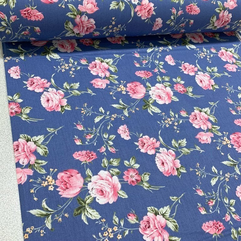 Harika Denim Mavi Güller Poplin Kumaş