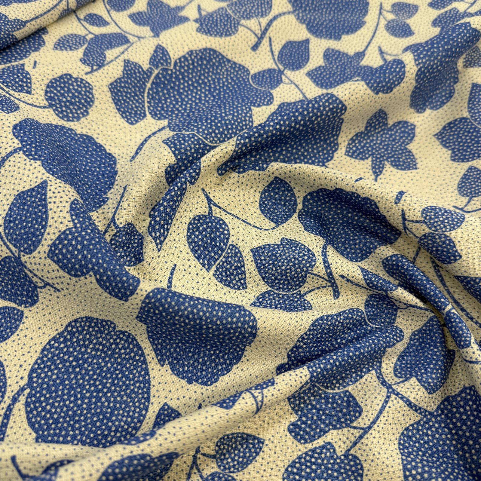 İz Defolu Mavi Yapraklar Likralı Pamuk Keten Kumaş
