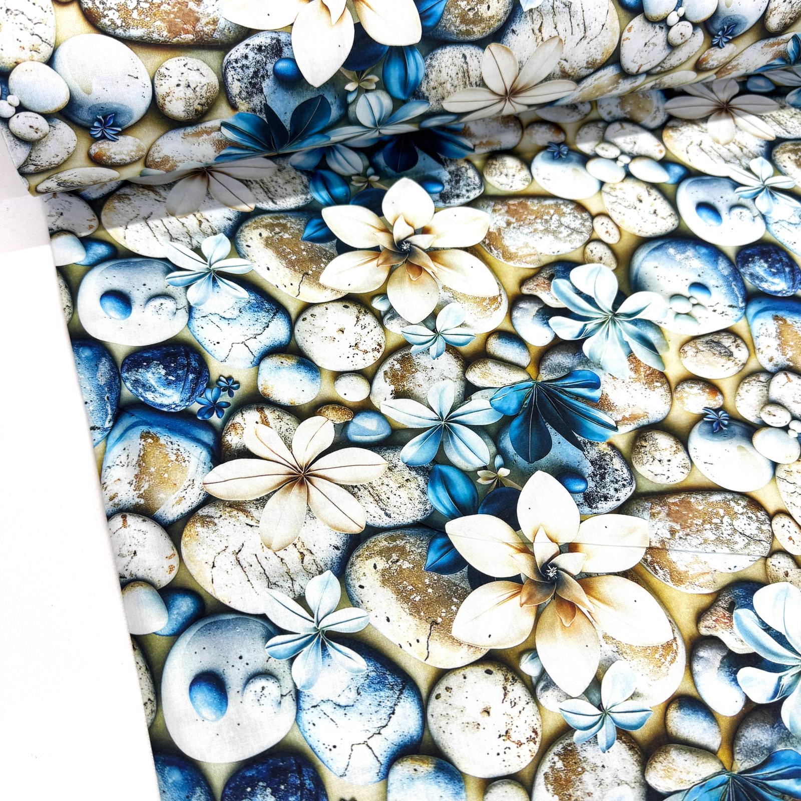 Taşlar ve Çiçekler 3D Dijital Poplin Kumaş