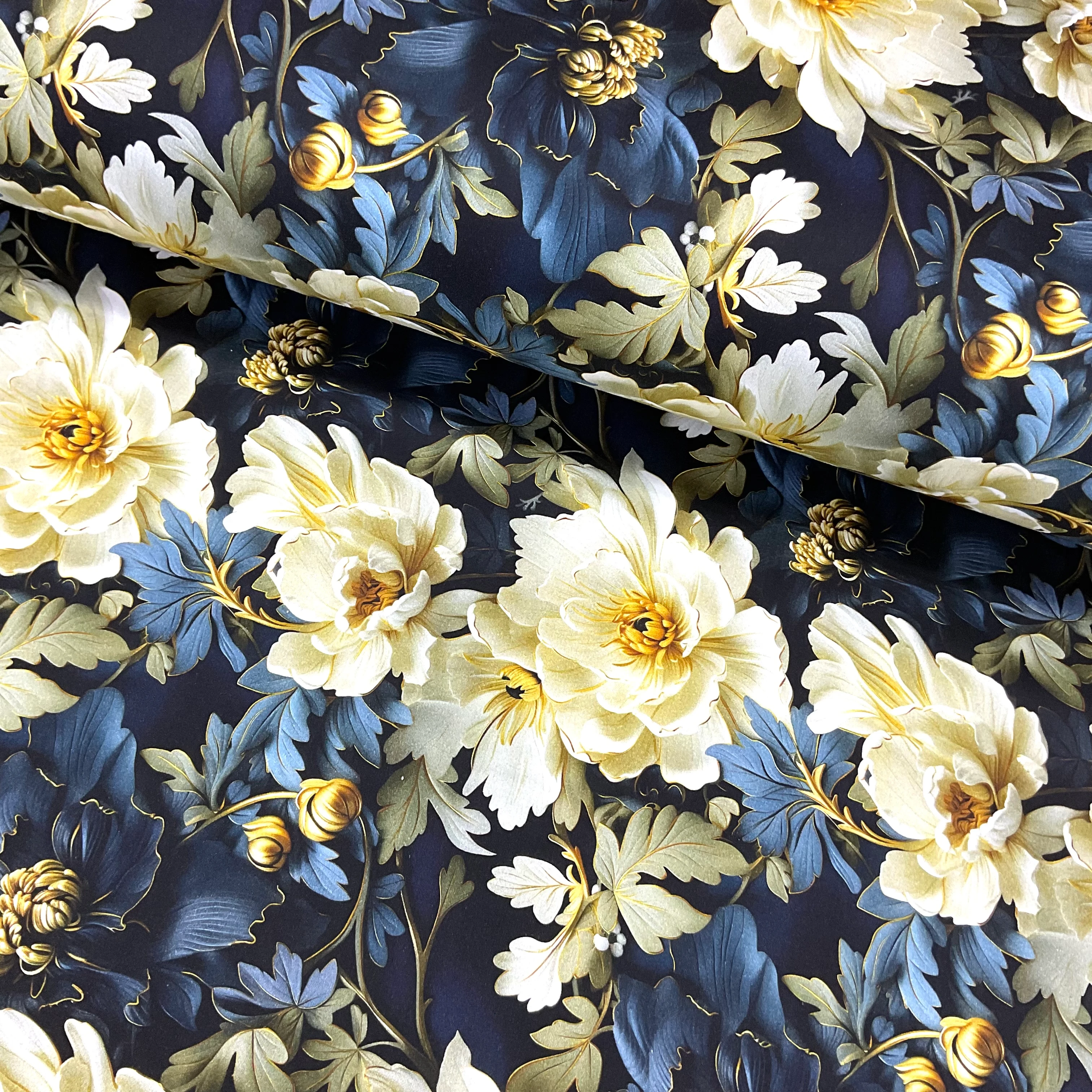 Lacivert Manolyalar Dijital Pamuk Saten Kumaş