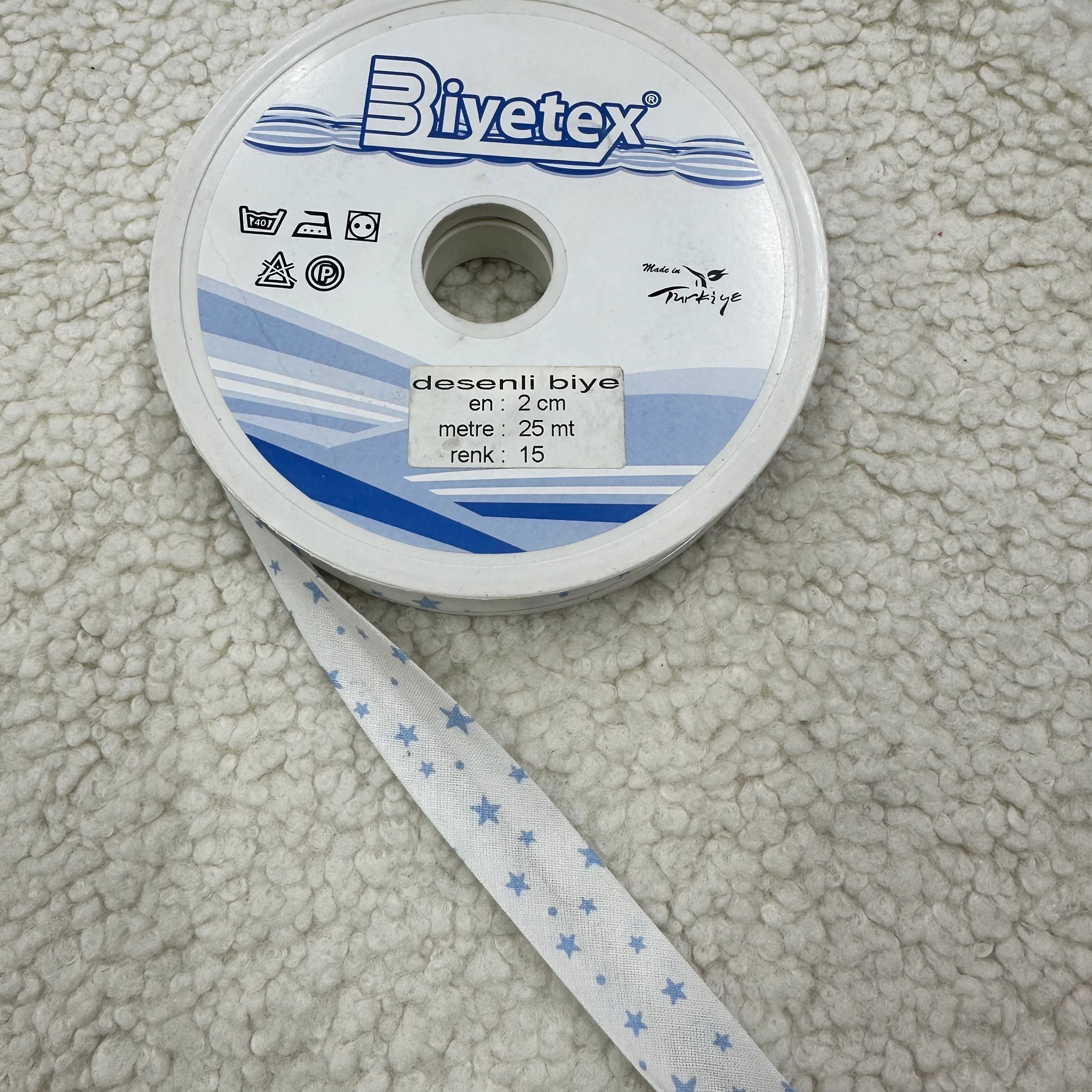 Beyaza Mavi Yıldız Biyetex Koton Biye 2 Cm