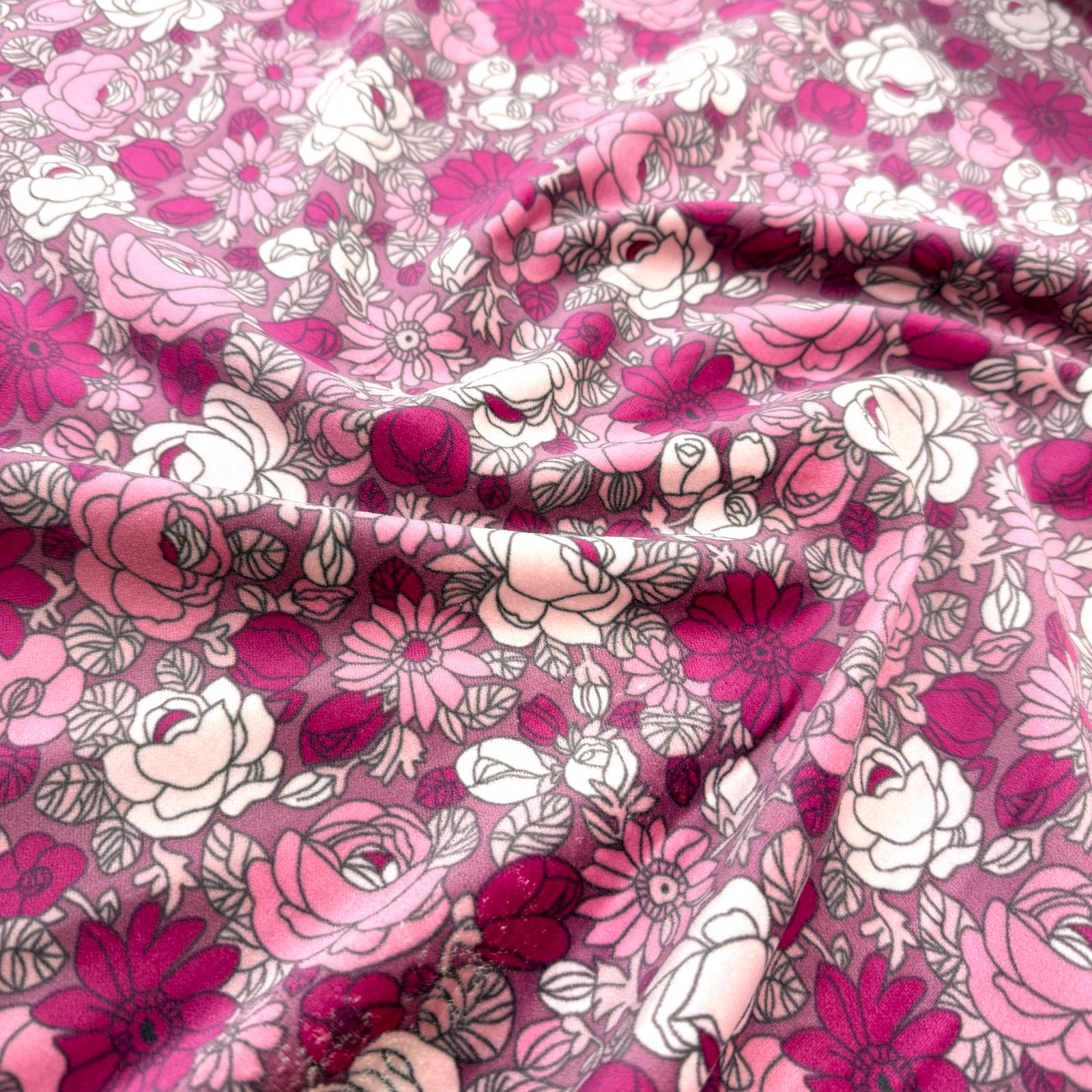 Pembe Çiçekler Likrasız Pamuk Düz Kadife Kumaş