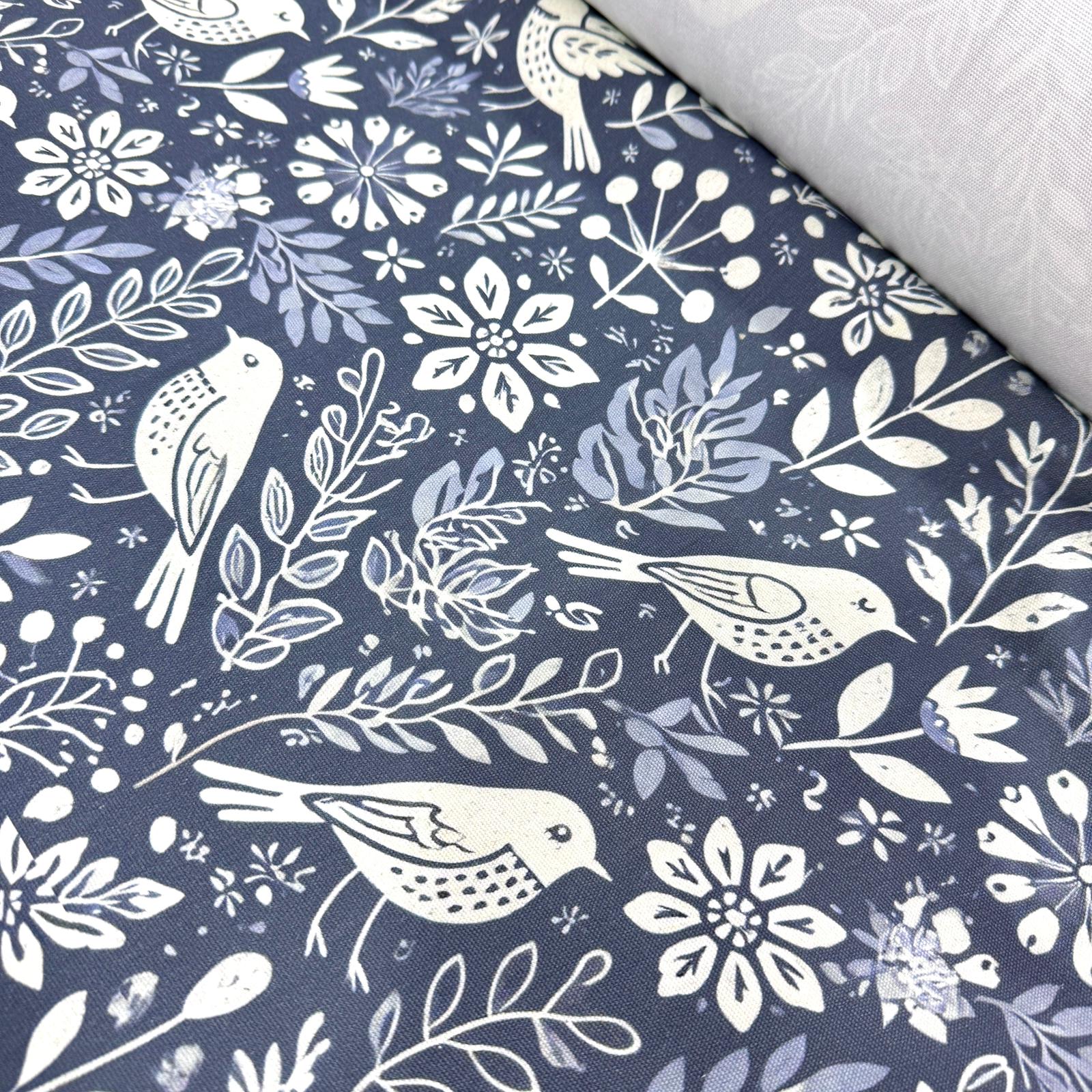 Birds Denim Mavi İntaşlar Kanvas Kumaş 