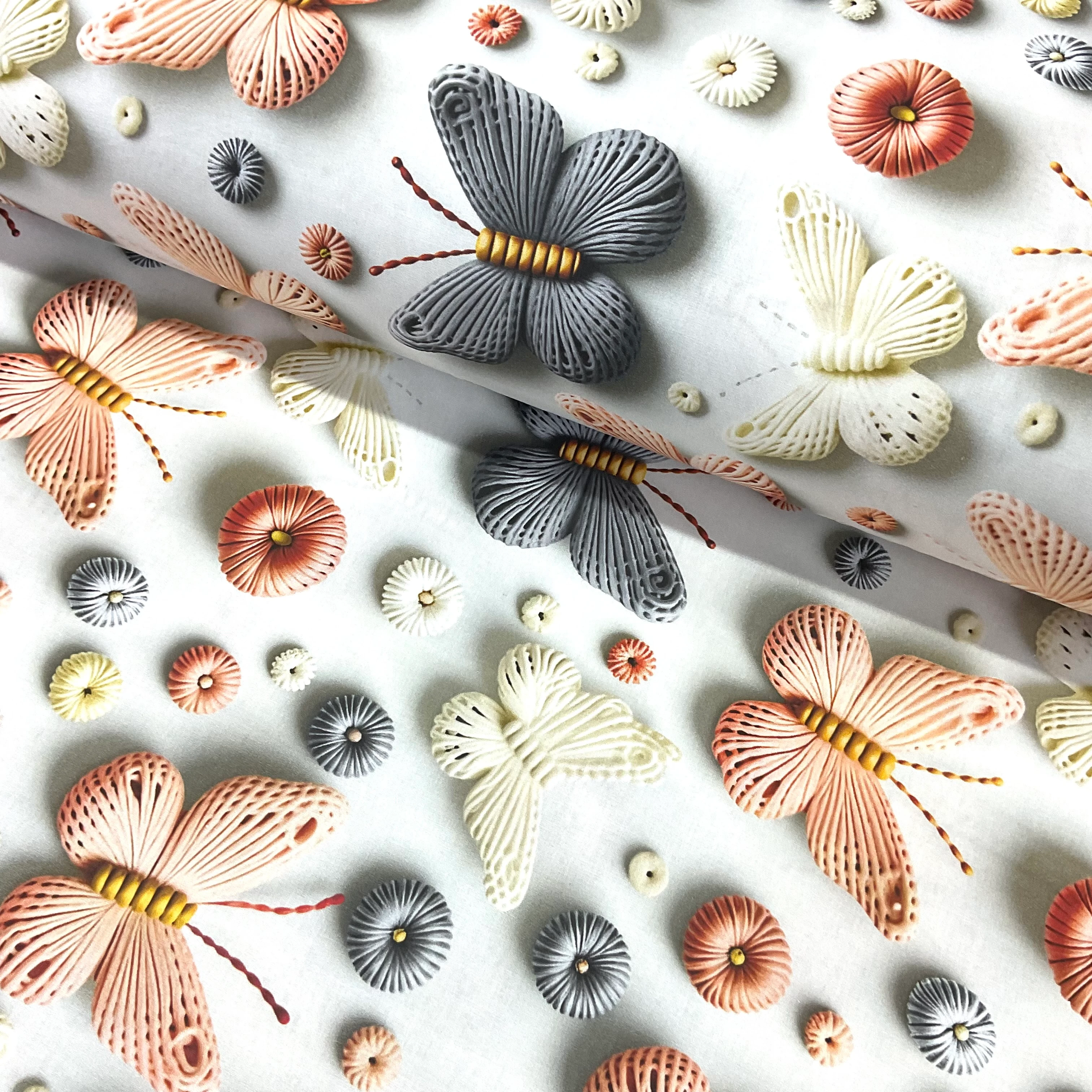 Somon Örgülü Kelebekler 3D Dijital Poplin Kumaş