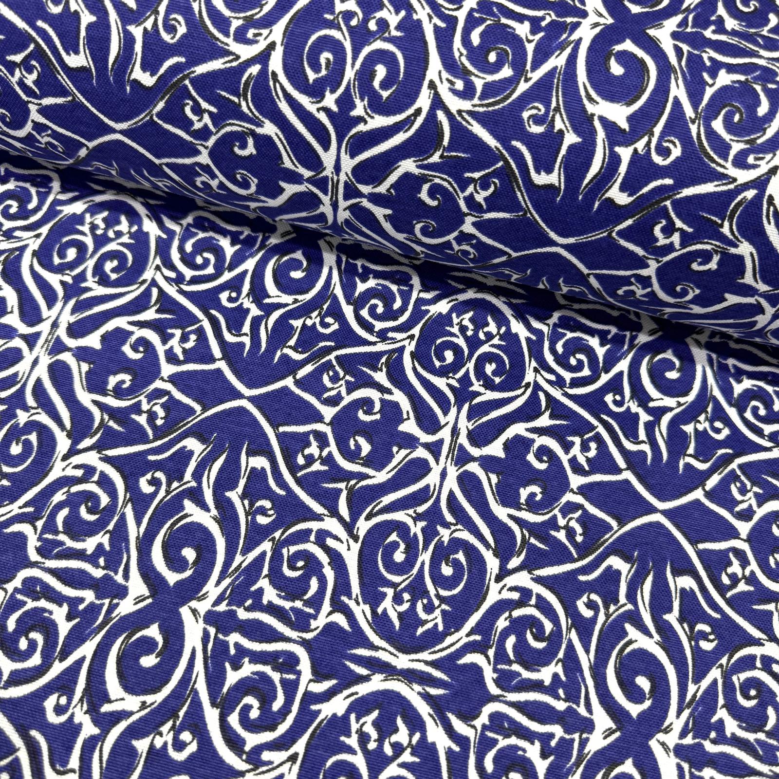 Lacivert Damask Şekiller Panama Keteni