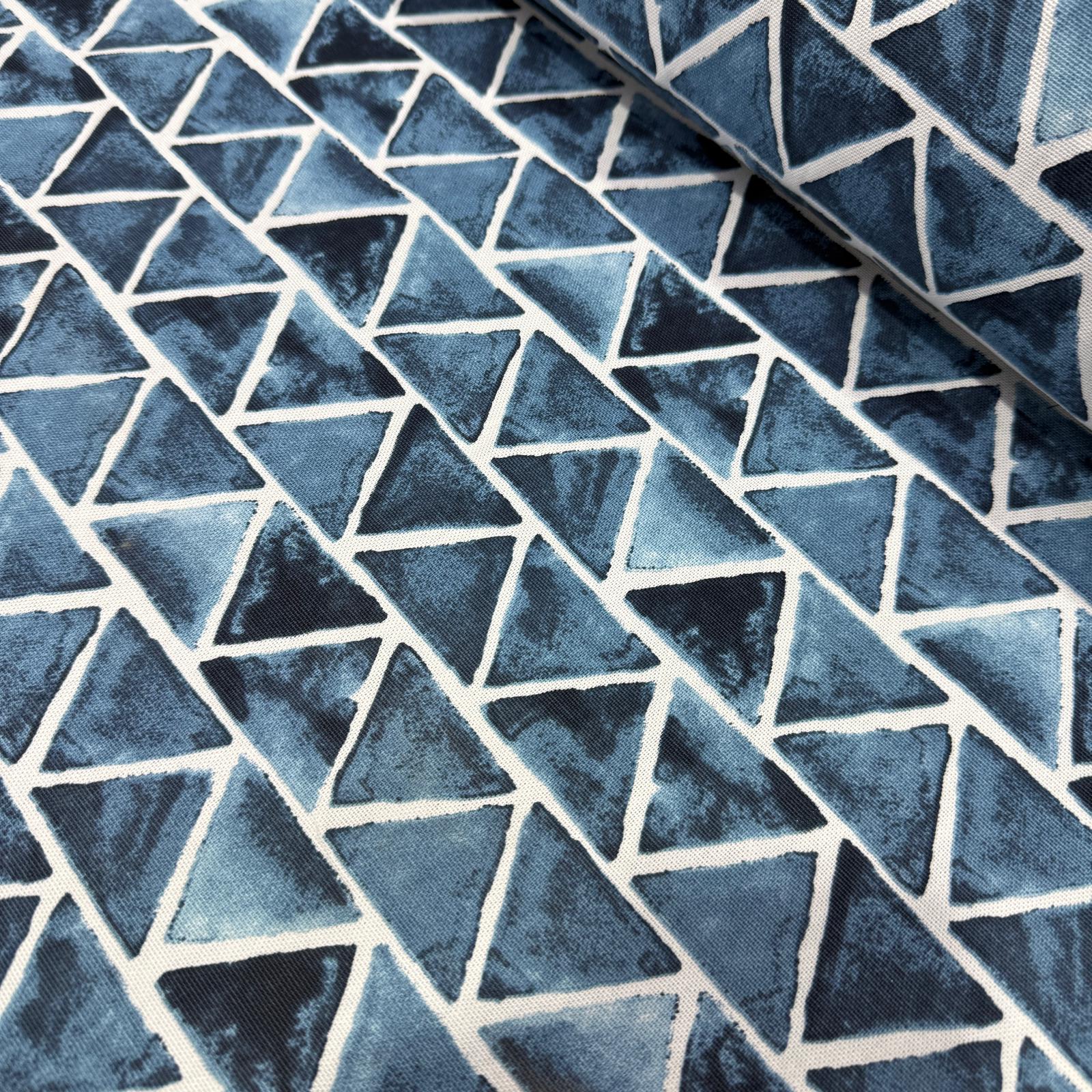 İndigo Üçgenler Pamuk Keten Kumaş