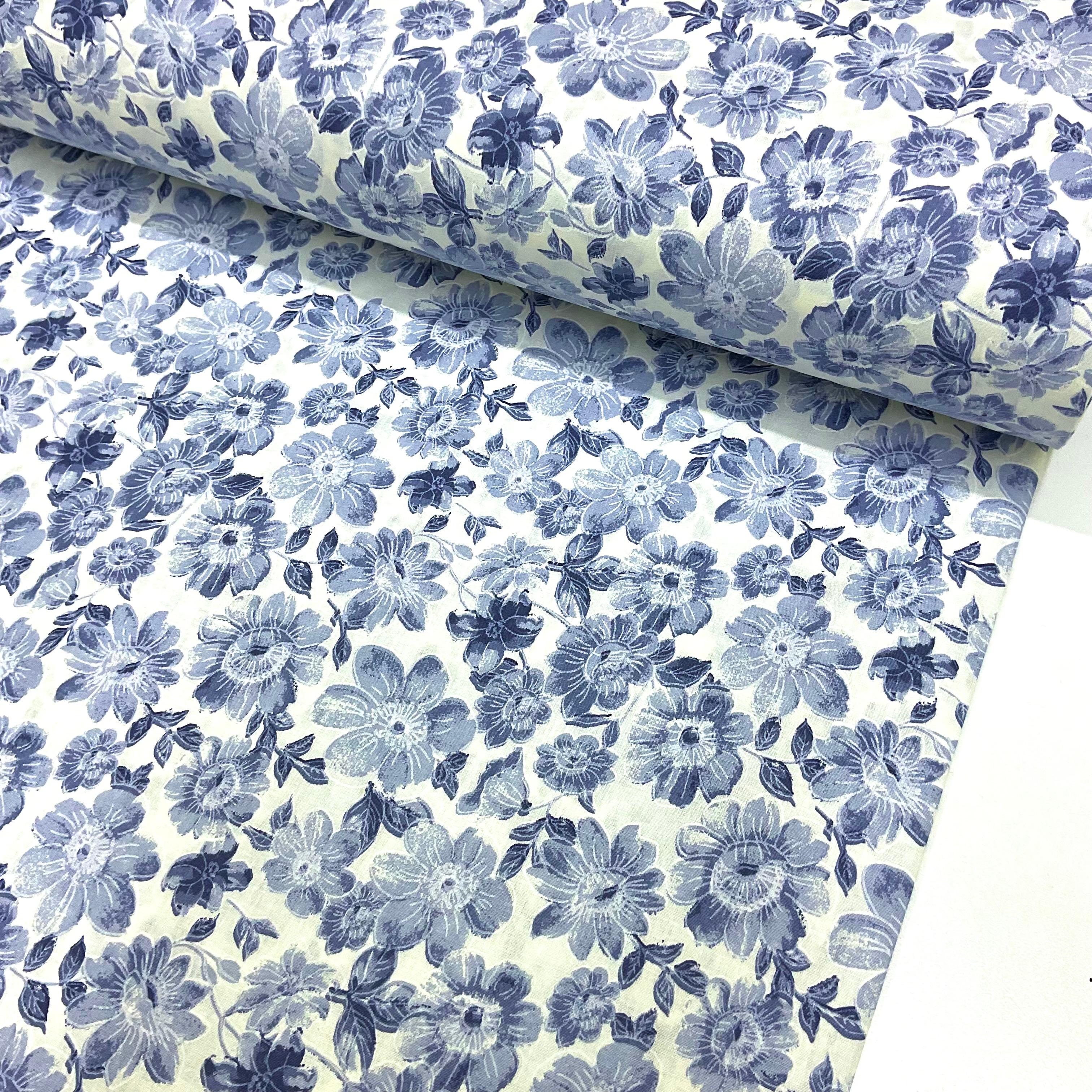 Denim Çizim Çiçekler Poplin Kumaş