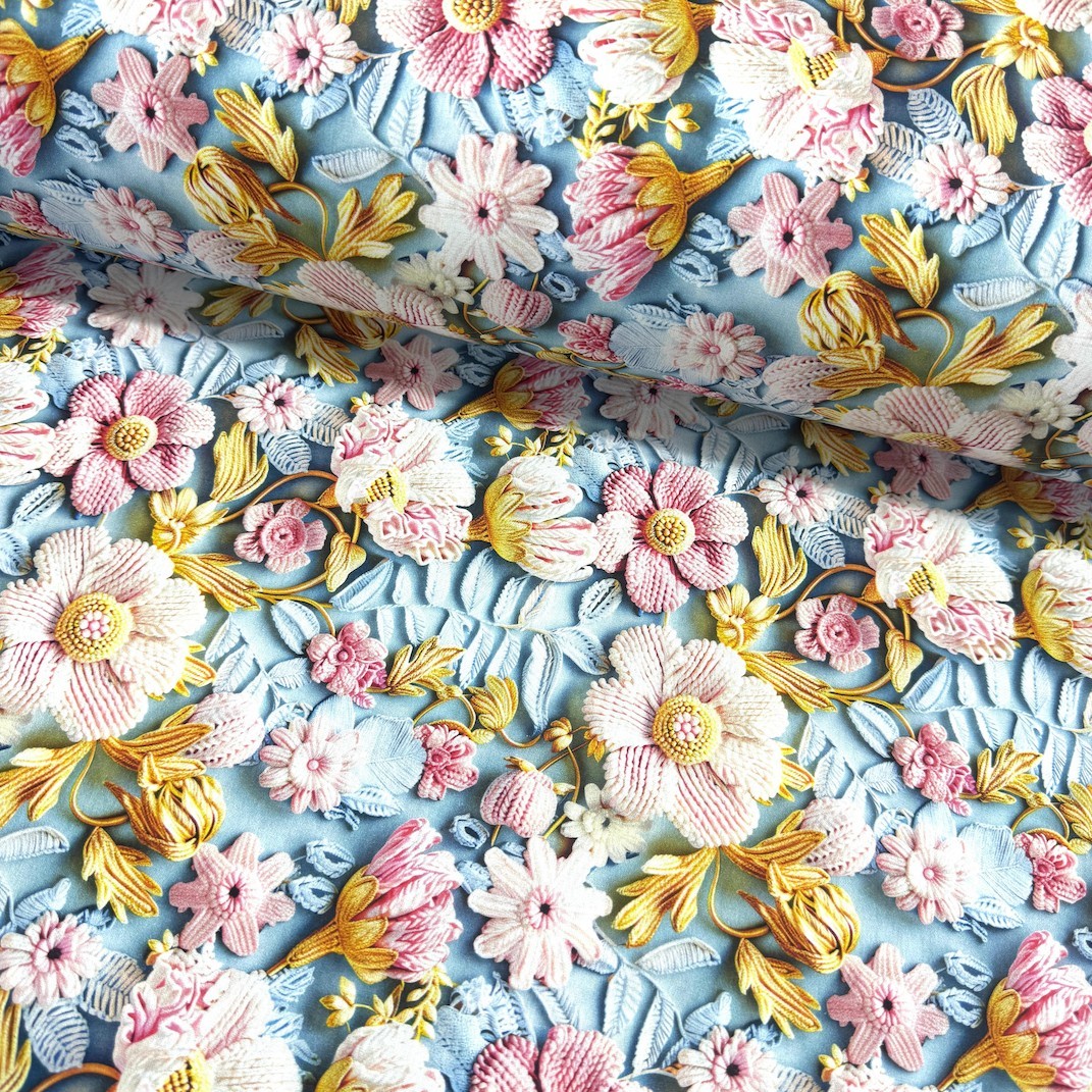 Kroşe Çiçekler 3D Dijital Poplin Kumaş