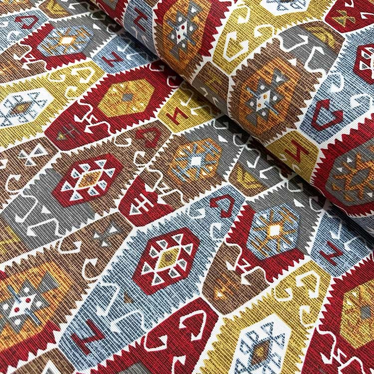Kırmızı İkat Kilim Panama Keten Kumaş
