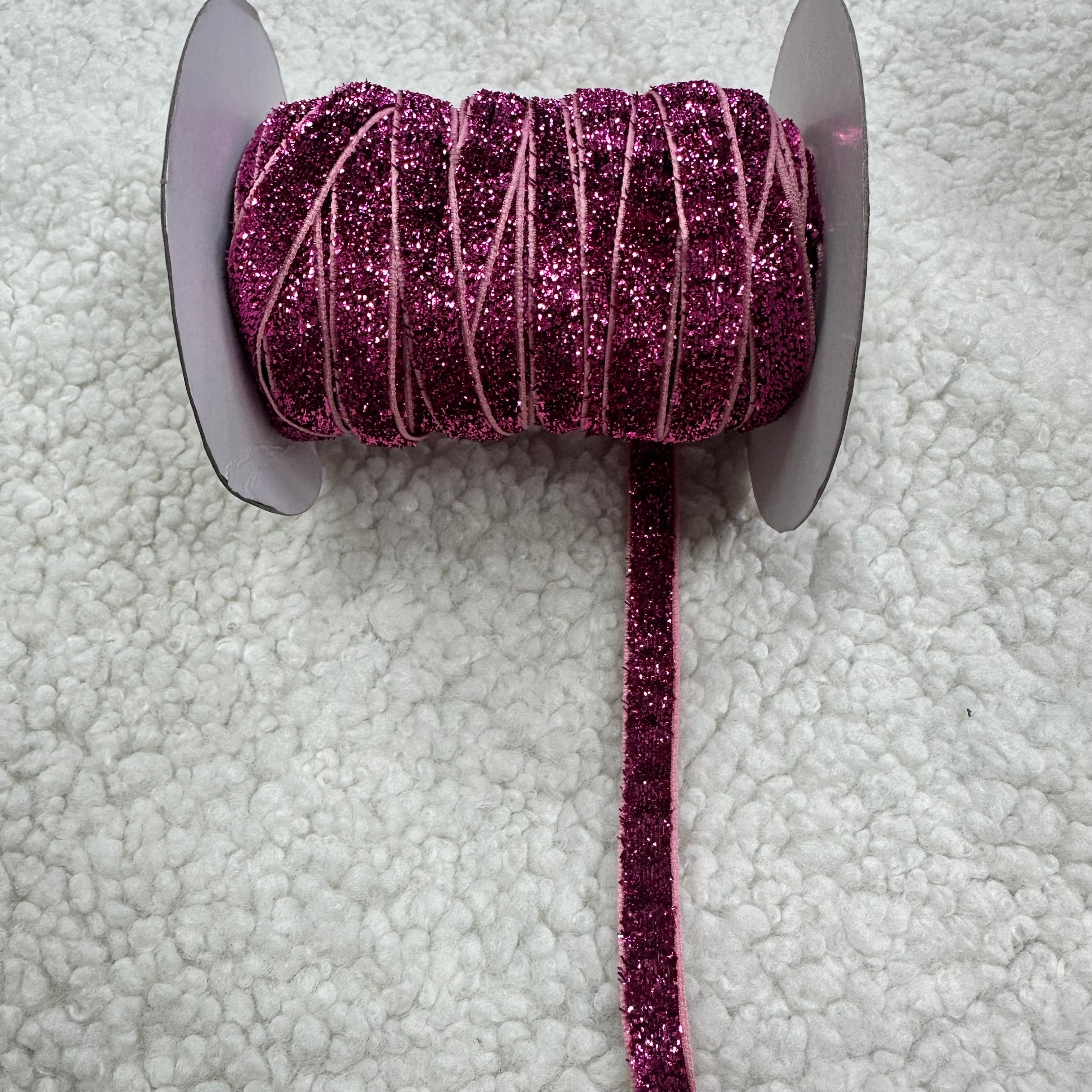 Fuşya Simli 1 Cm Kadife Kurdele Top 20 Mt