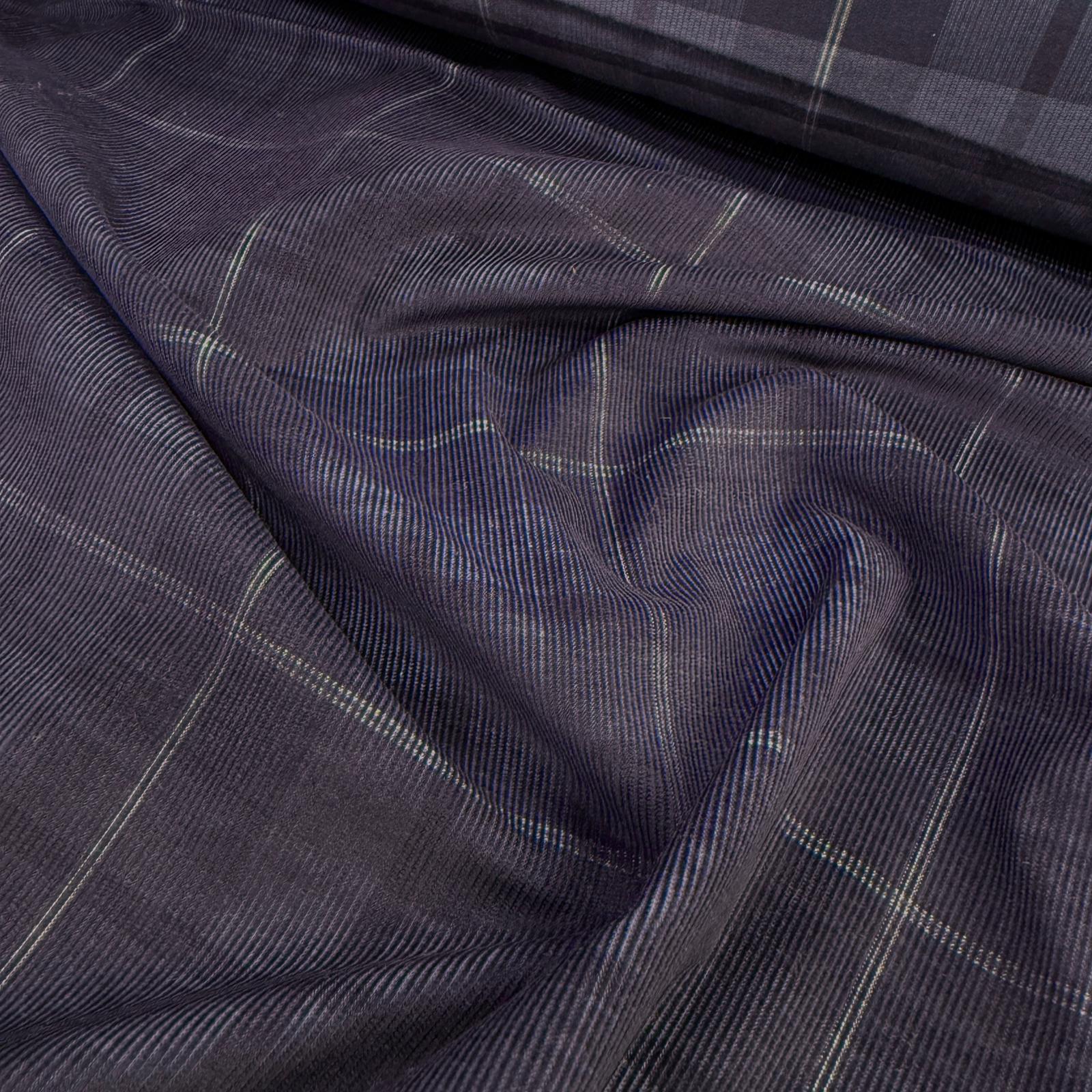 Denim Mavi Ekose Pamuk Fitilli Kadife Kumaş