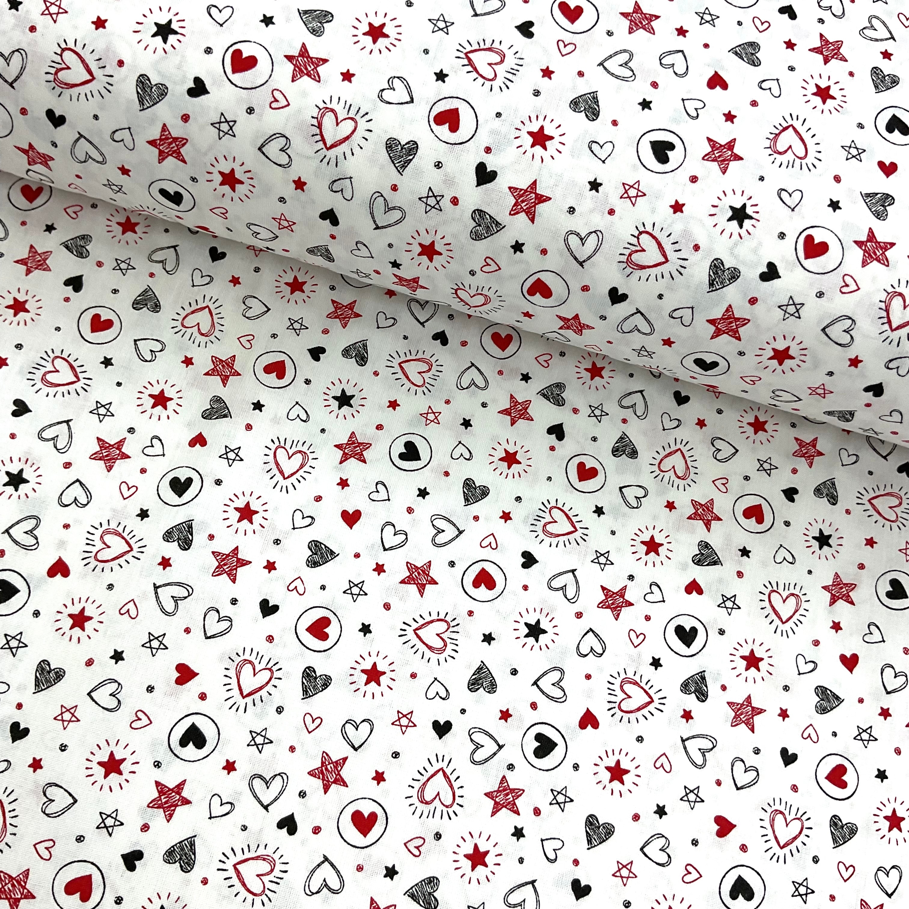 Kırmızı Siyah Kalpler Poplin Kumaş