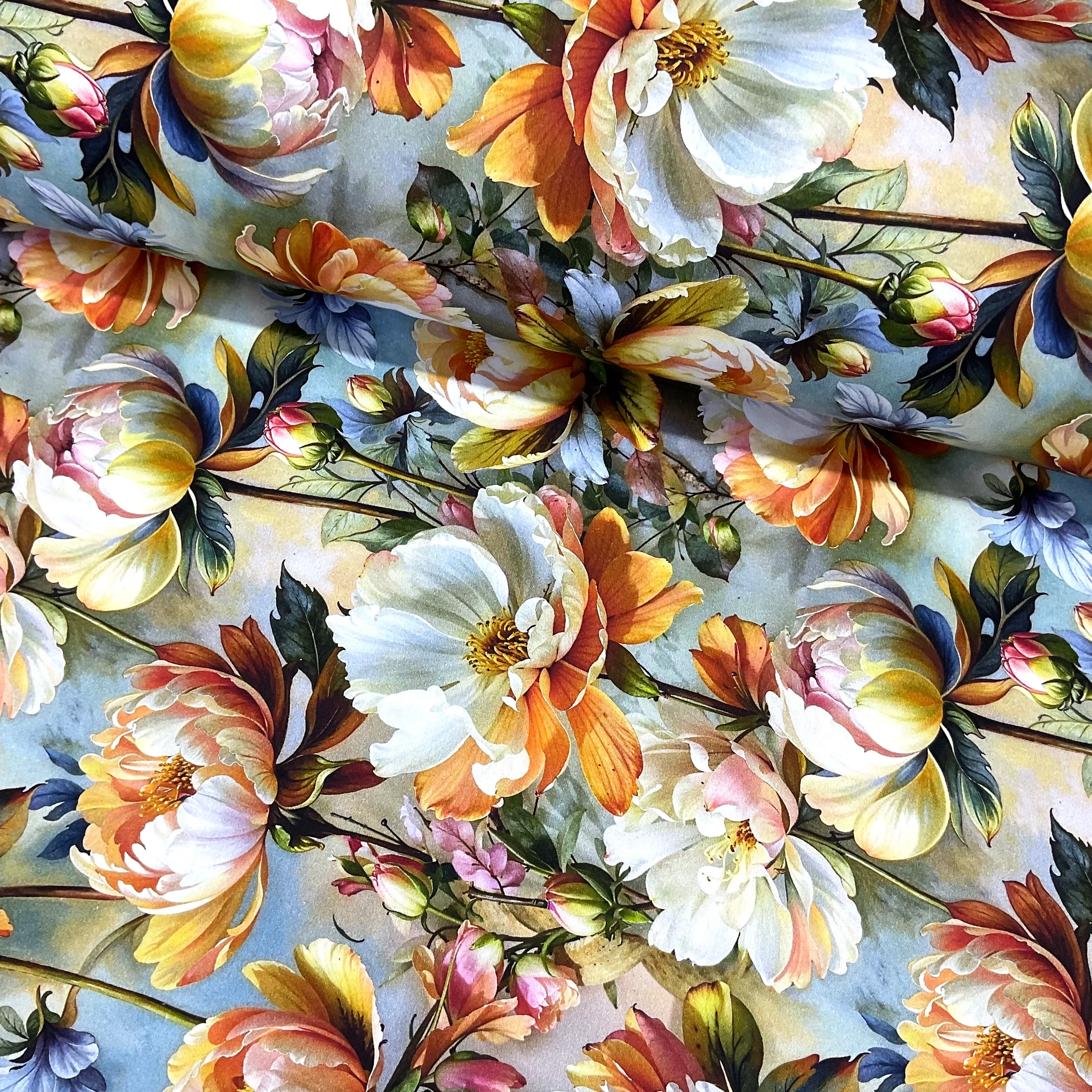 Renkli Manolyalar Dijital Pamuk Saten Kumaş