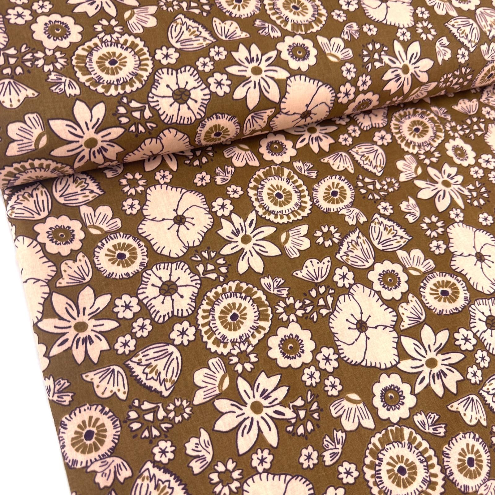 Kahve Basma Çiçekler Premium Poplin Kumaş