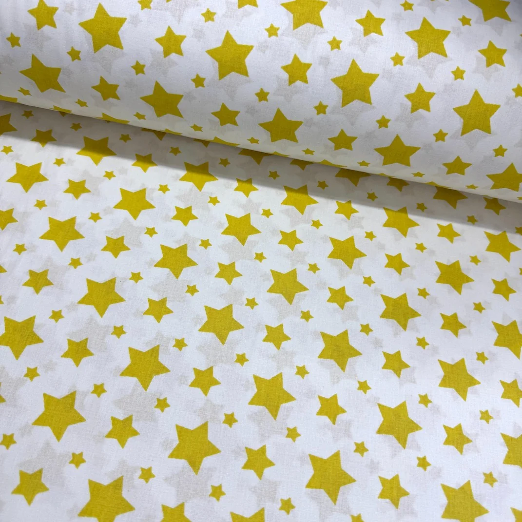 Beyaz Sarı Yıldızlar Poplin Kumaş