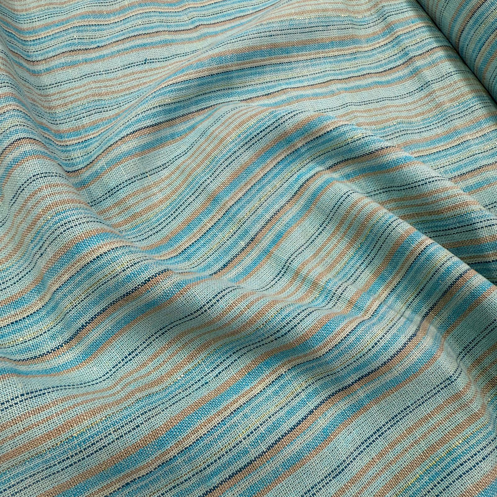 Turkuaz Yaldızlı İpliği Boyalı Dokuma %100 Keten Kumaş