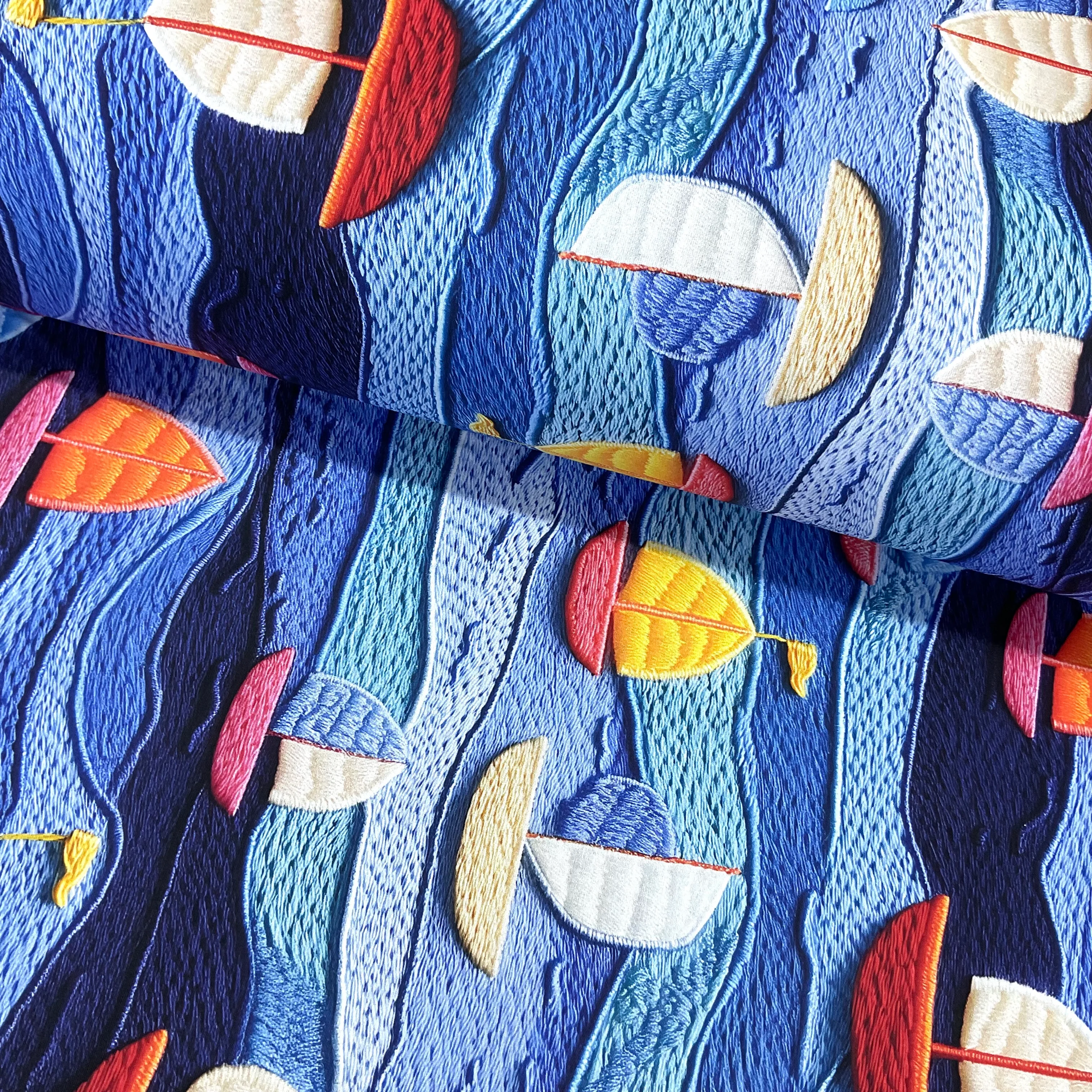 Nakışlı Gemiler 3D Dijital Poplin Kumaş