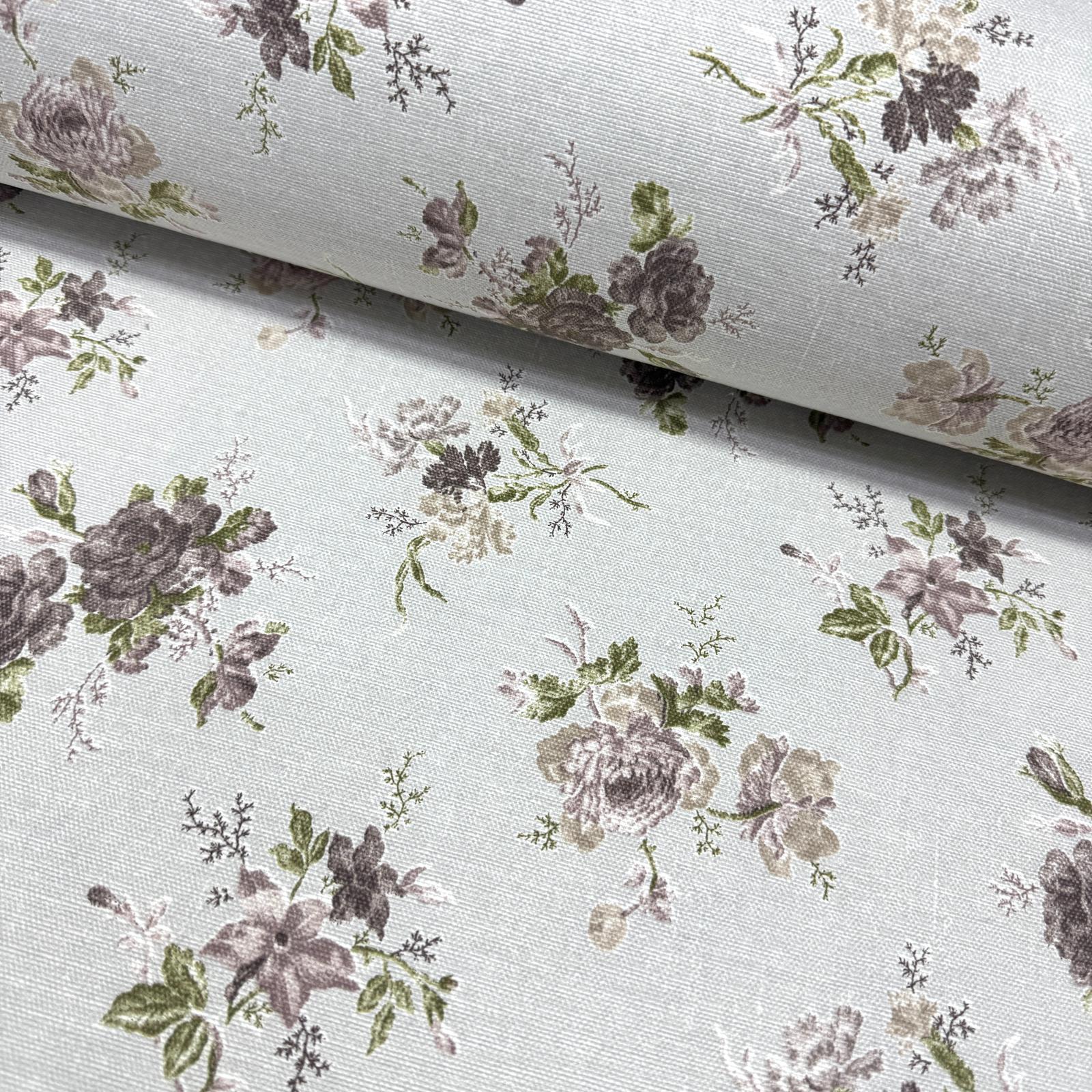 Keten Efektli Güller Kahve Panama Keteni