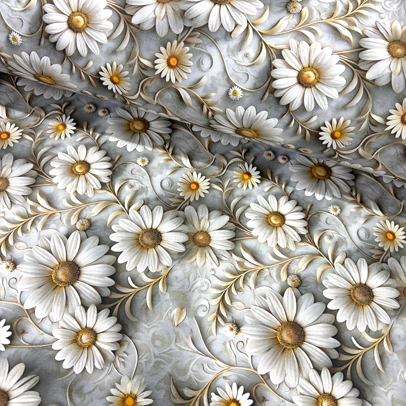 Süslü Papatyalar 3D Dijital Poplin Kumaş