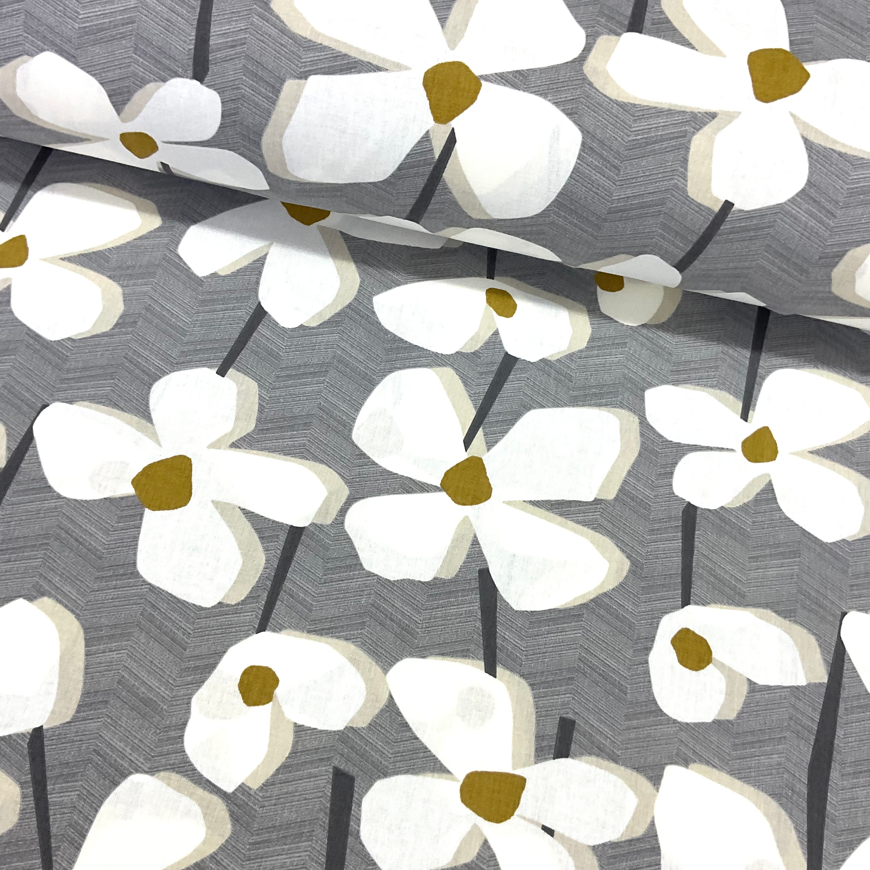 Gri Çiçekler Premium Poplin Kumaş