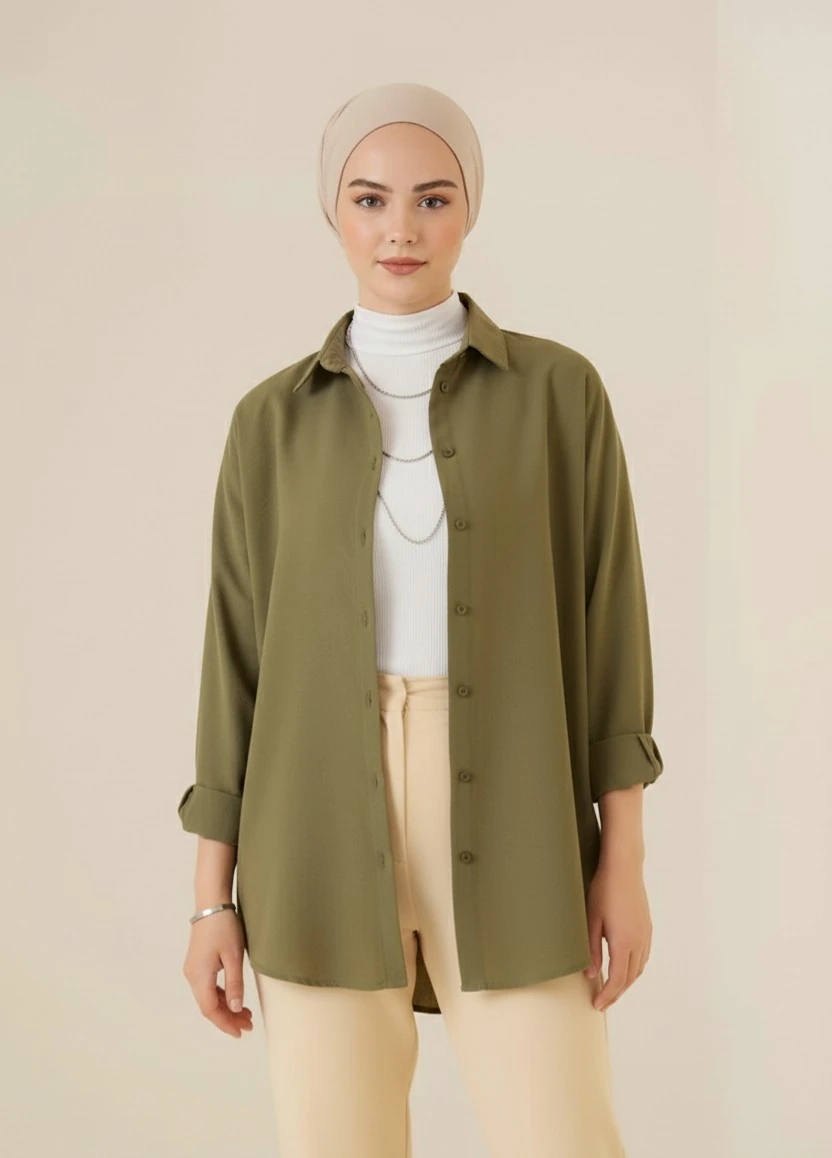 Kadın Oversize Uzun Basic Gömlek - Haki