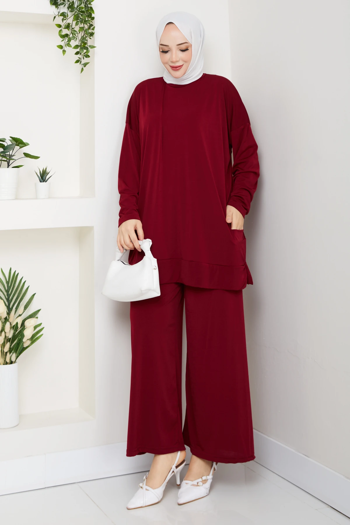 YANLARI CEPLİ SANDY PANTOLONLU TAKIM - Bordo