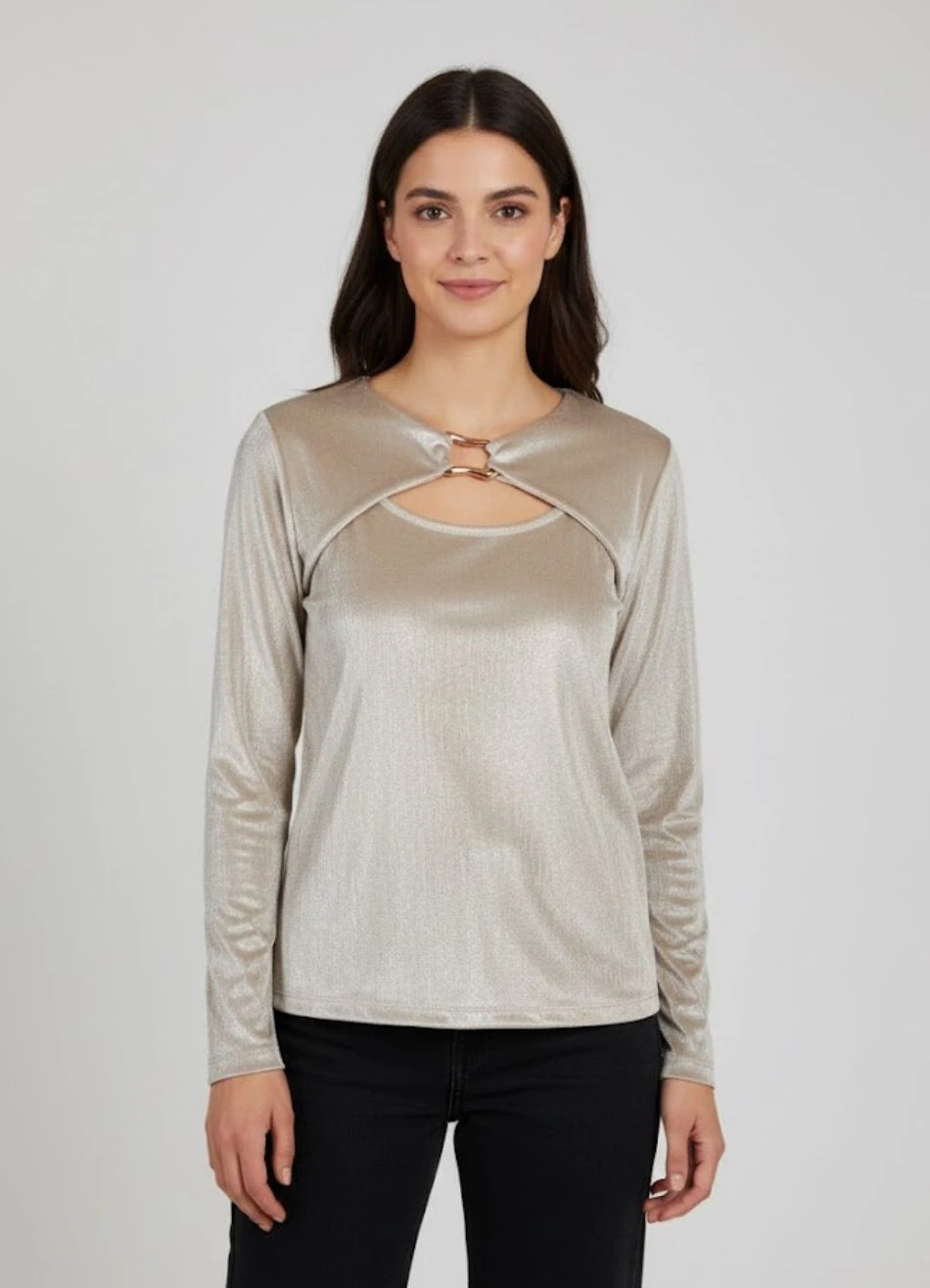 Cut-Out Detaylı Uzun Kollu Bluz - Bej