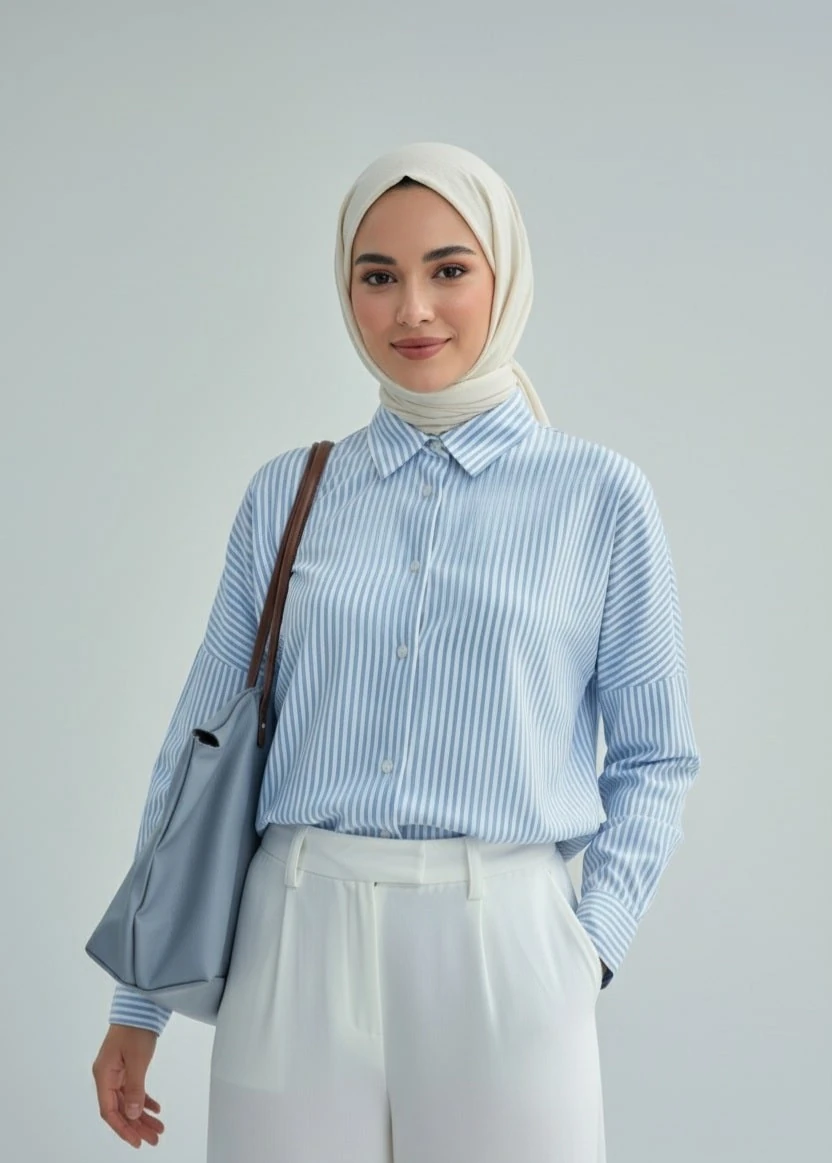 Kadın Oversize Uzun Basic Gömlek - Bebe Mavi Çizgili