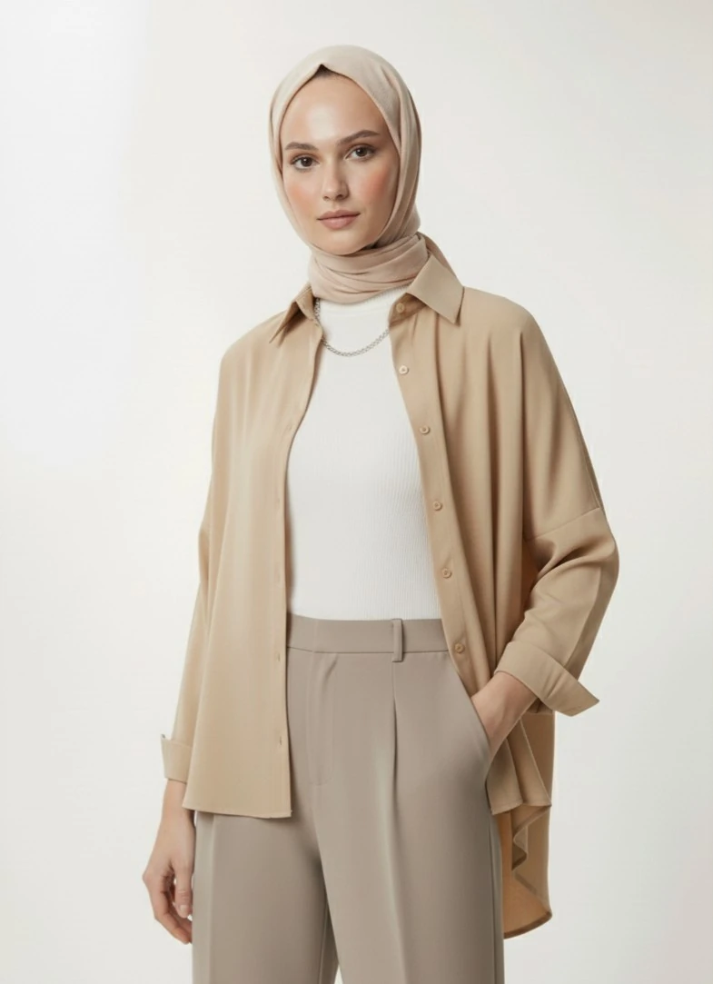 Kadın Oversize Uzun Basic Gömlek - Bej