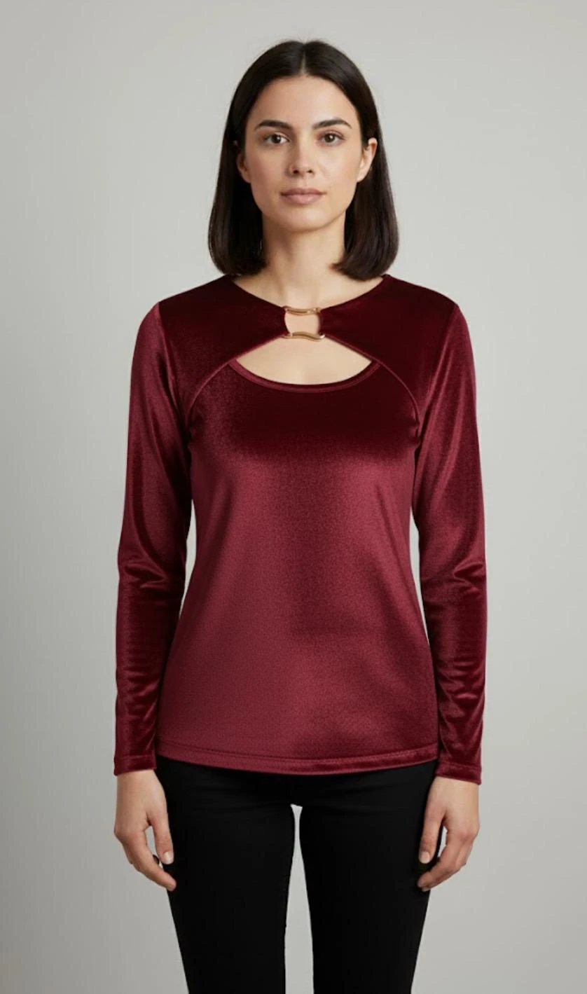 Cut-Out Detaylı Uzun Kollu Bluz - Bordo