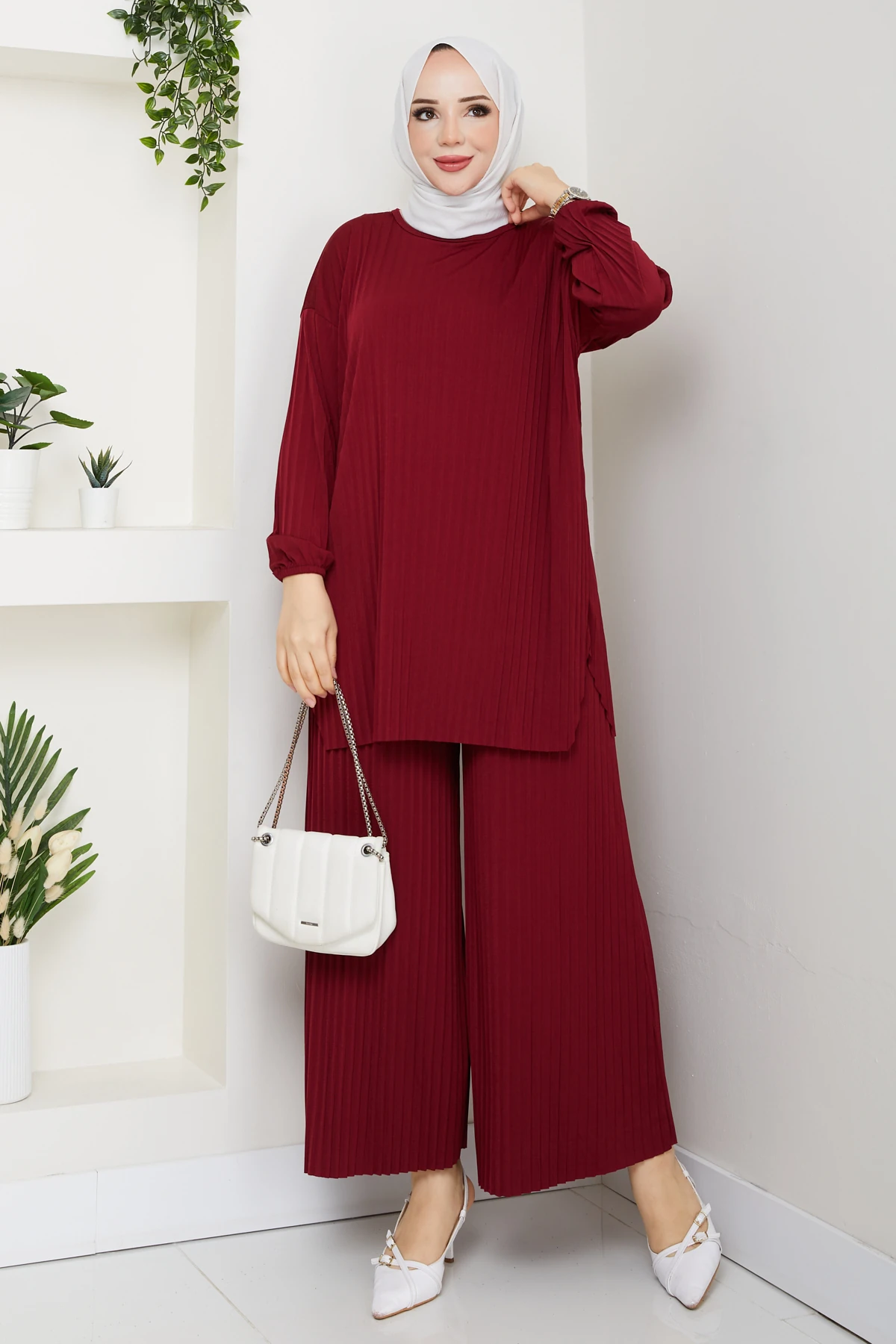 Piliseli Pantolonlu Kadın Takım - Bordo