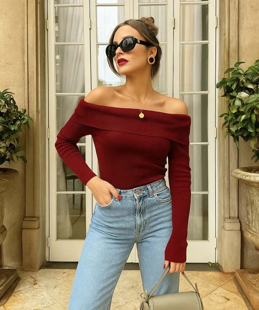 Madonna Yaka Kaşkorse Pamuklu Örme Kumaş Body - Bordo