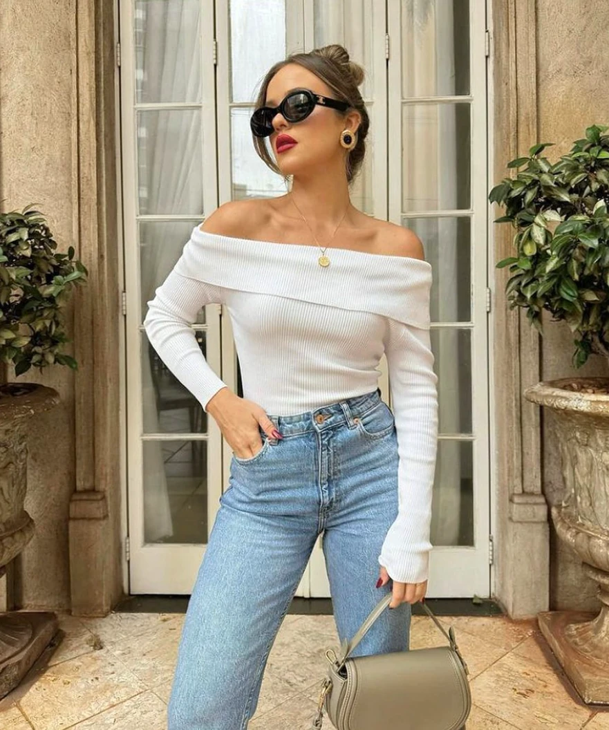 Madonna Yaka Kaşkorse Pamuklu Örme Kumaş Body - Beyaz