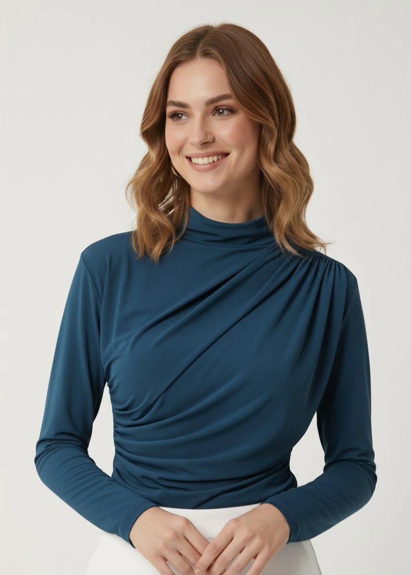 Kadın Büzgü Detaylı Dik Yaka Sandy Bluz - Petrol Mavisi