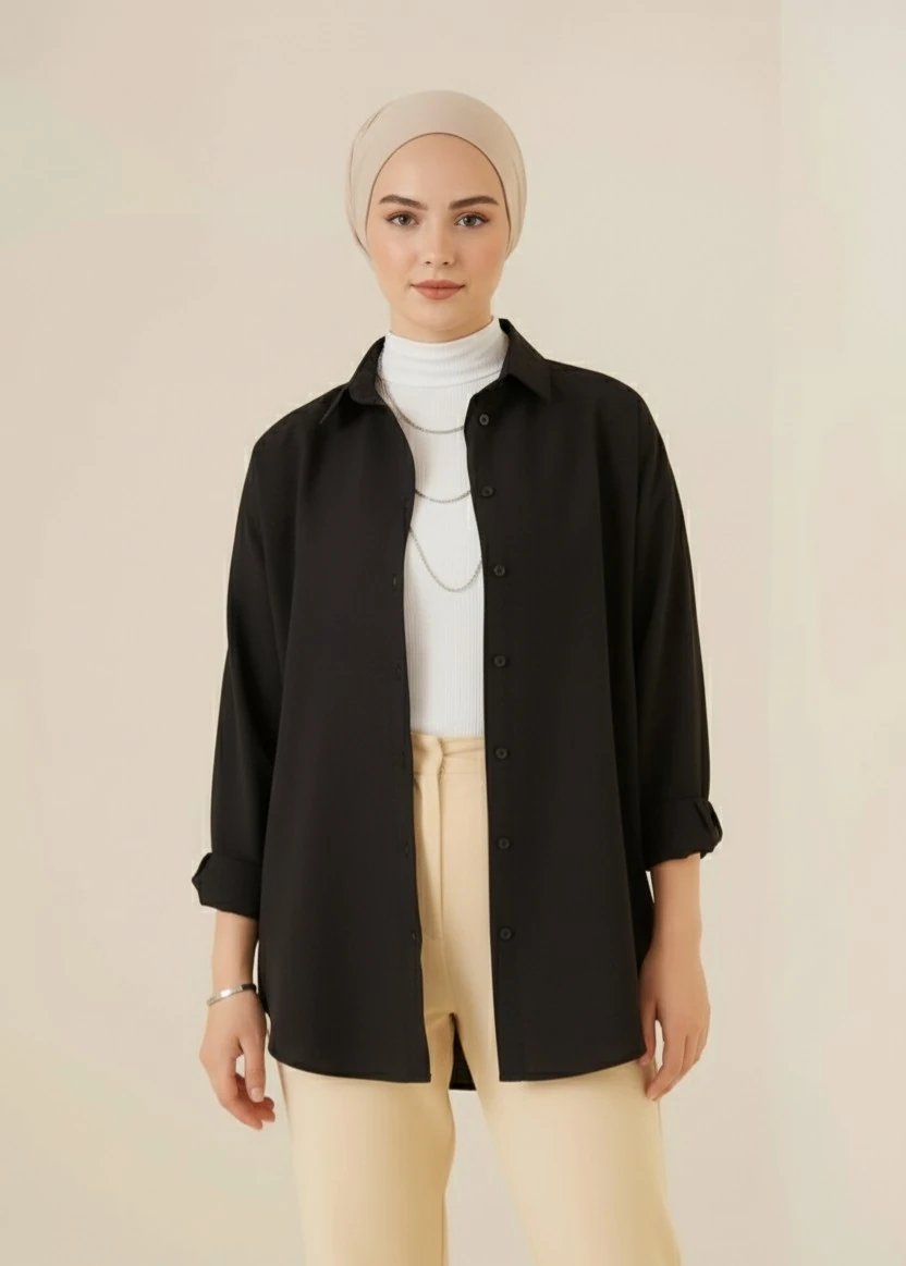 Kadın Oversize Uzun Basic Gömlek - Siyah