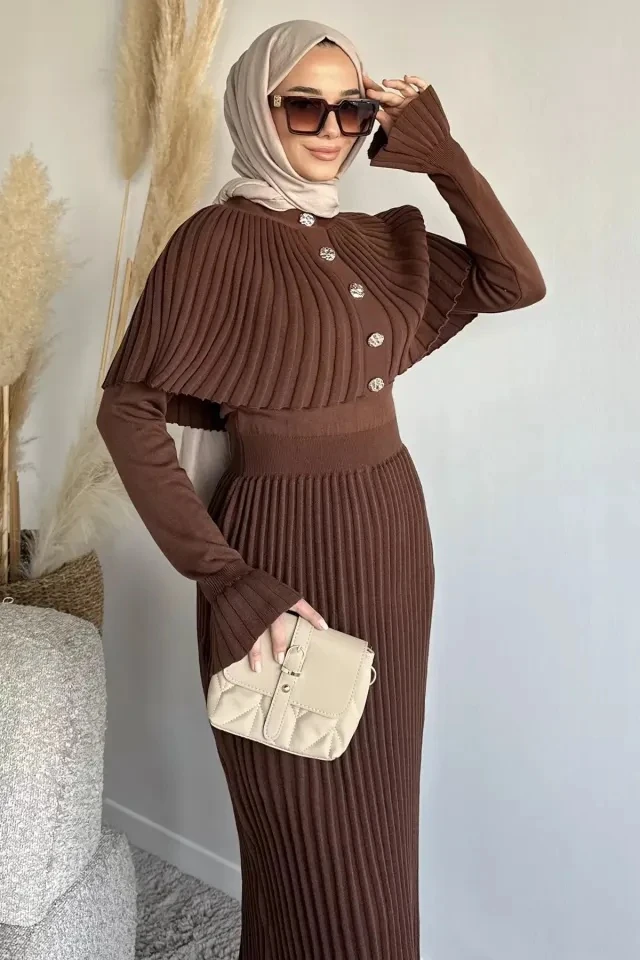 Pelerinli Piliseli Triko Takım - Acı Kahve