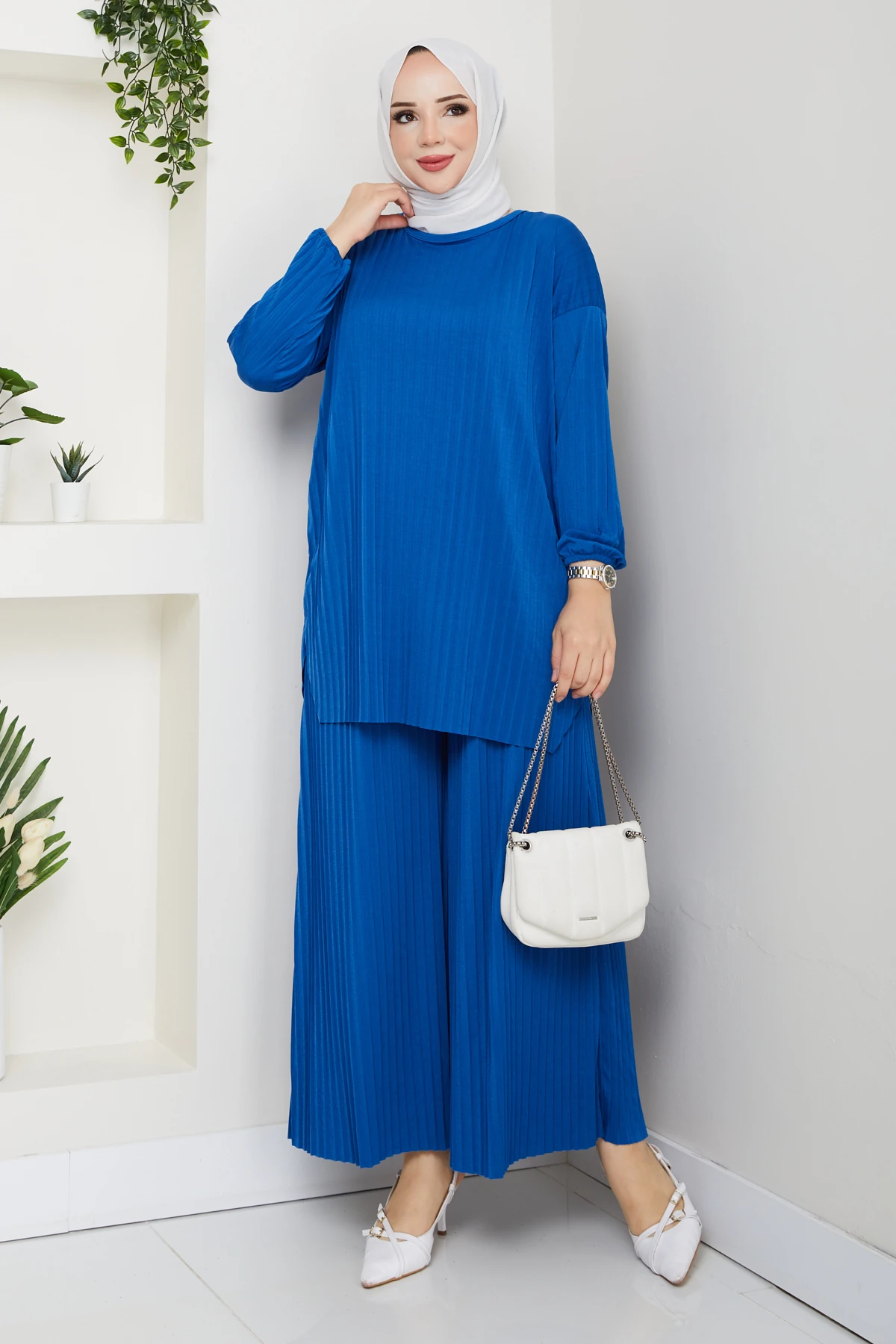 Piliseli Pantolonlu Kadın Takım - i̇ndigo