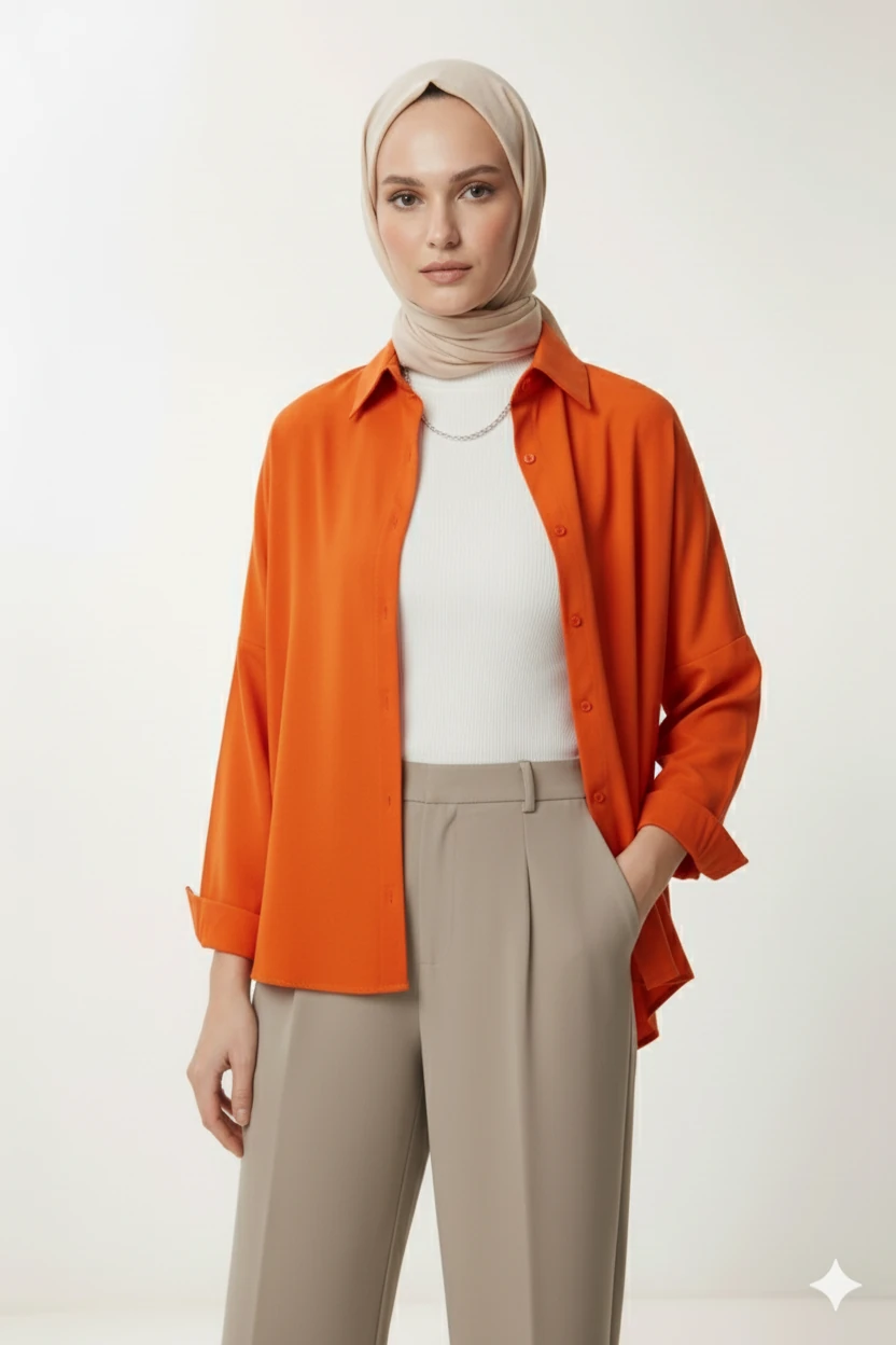Kadın Oversize Uzun Basic Gömlek - Turuncu